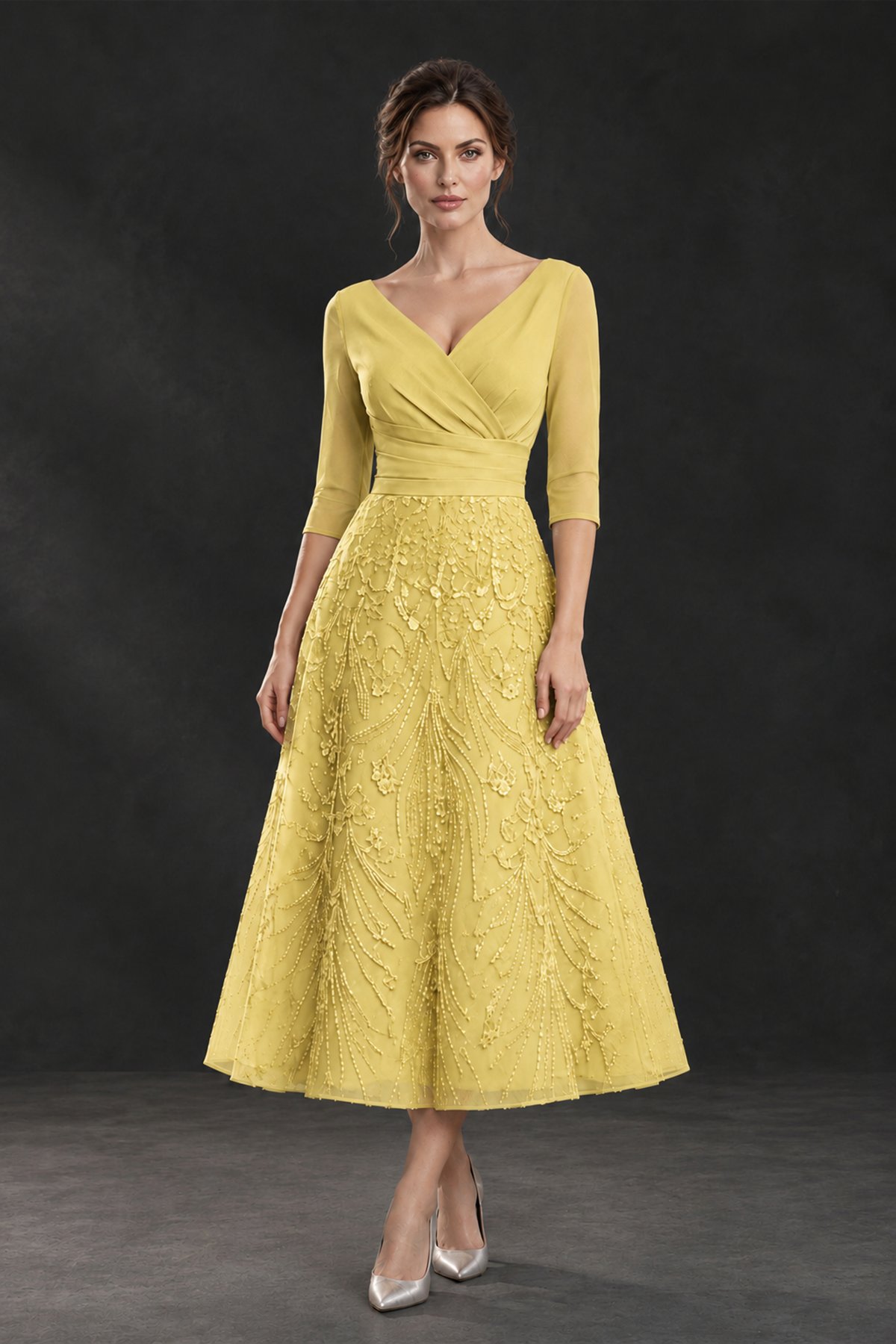 BOLODOO Yellow V-Neck Tea-Length Lace Mother of the Bride Dress - Yellow