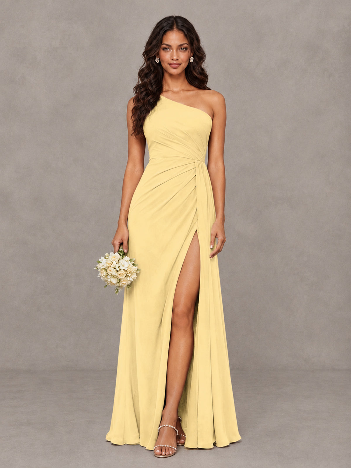 BOLODOO Yellow One-Shoulder Chiffon Bridesmaid Dress with Ruched Bodice & High Slit - Yellow - Yellow (1)