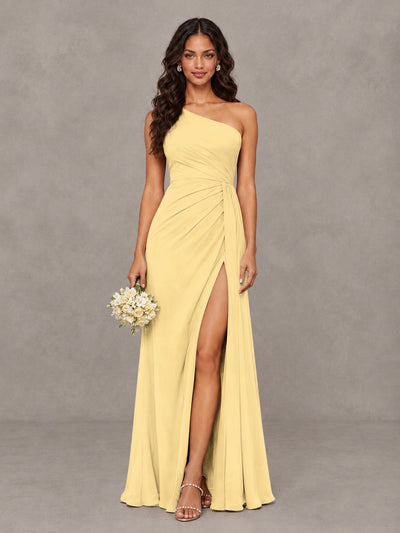 BOLODOO Yellow One-Shoulder Chiffon Bridesmaid Dress with Ruched Bodice & High Slit - Yellow - Yellow (1)