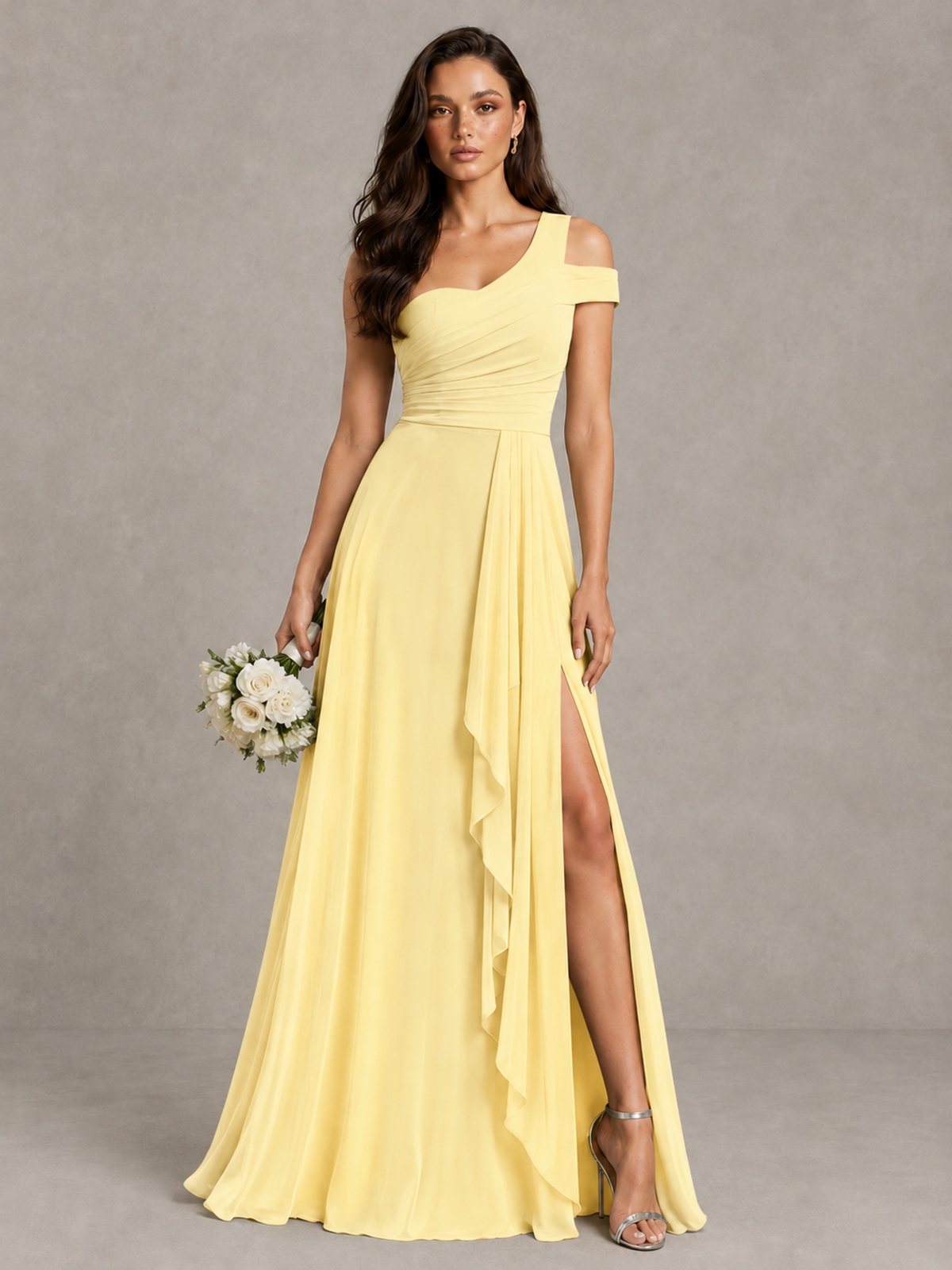 BOLODOO Yellow One-Shoulder Bridesmaid Dress with Side Slit - Yellow - Yellow (1)