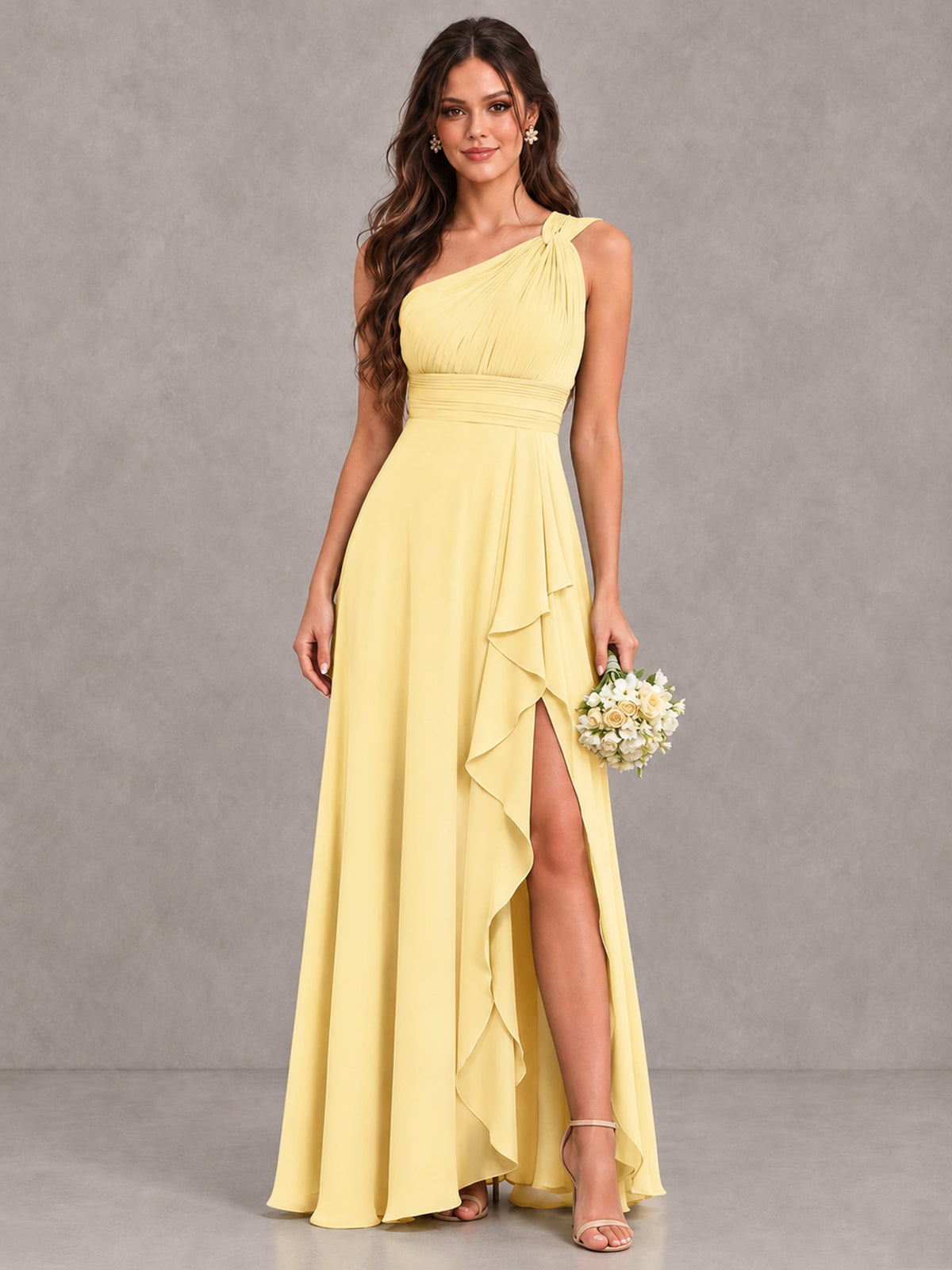 BOLODOO Yellow One-Shoulder Ruffle Bridesmaid Dress with Slit - Yellow - Yellow (1)