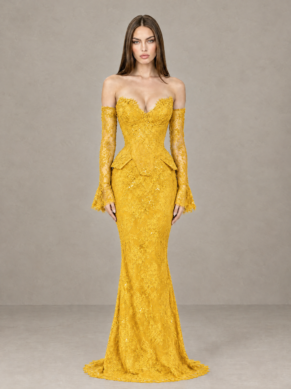 BOLODOO Yellow Lace Off-the-Shoulder Long Sleeve Mermaid Evening Gown - Yellow - Yellow (1)