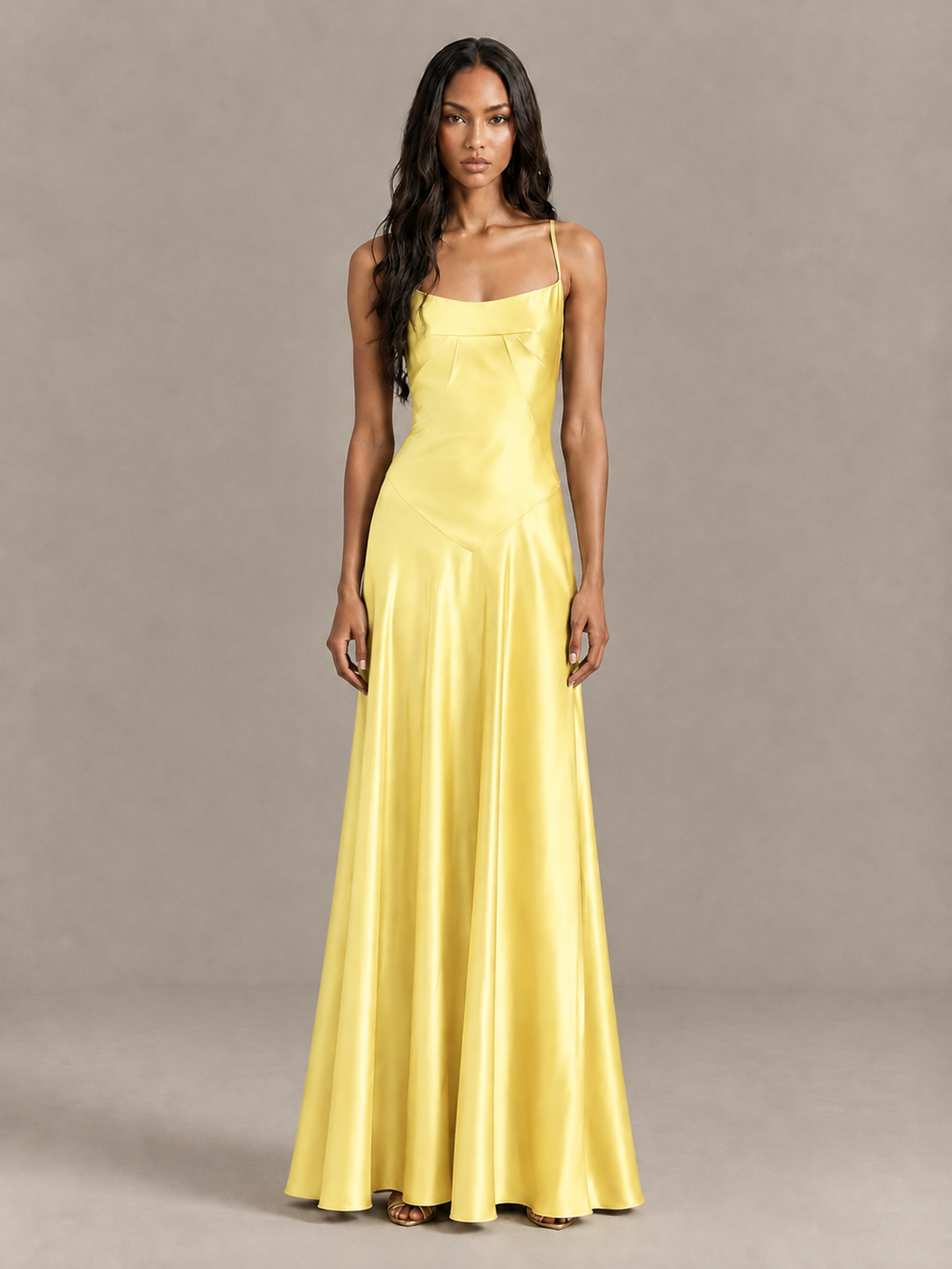 BOLODOO Yellow Satin Lace-Up Back Maxi Dress - Yellow