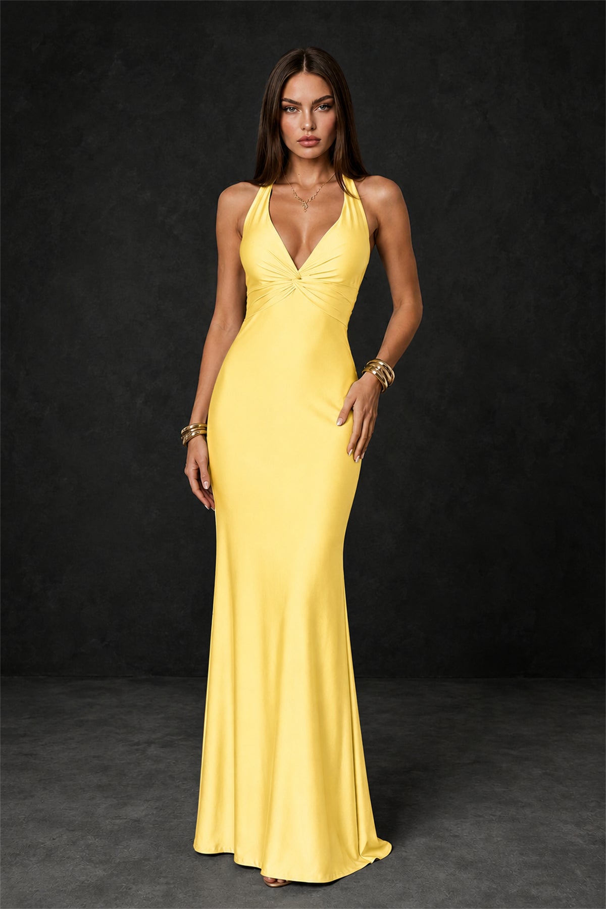 BOLODOO Yellow Deep V Neck Twisted Knot Multi-Strap Halter Open Back Satin Mermaid Maxi Dress - Yellow