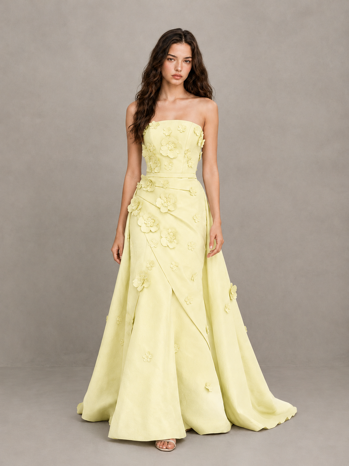 BOLODOO Yellow Strapless 3D Floral Applique Prom Gown with Draped Skirt - Yellow - Yellow (1)