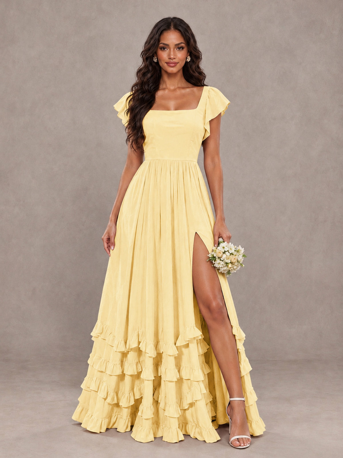 BOLODOO Yellow Flutter Sleeve Ruffle Bridesmaid Dress with Slit - Yellow - Yellow (1)