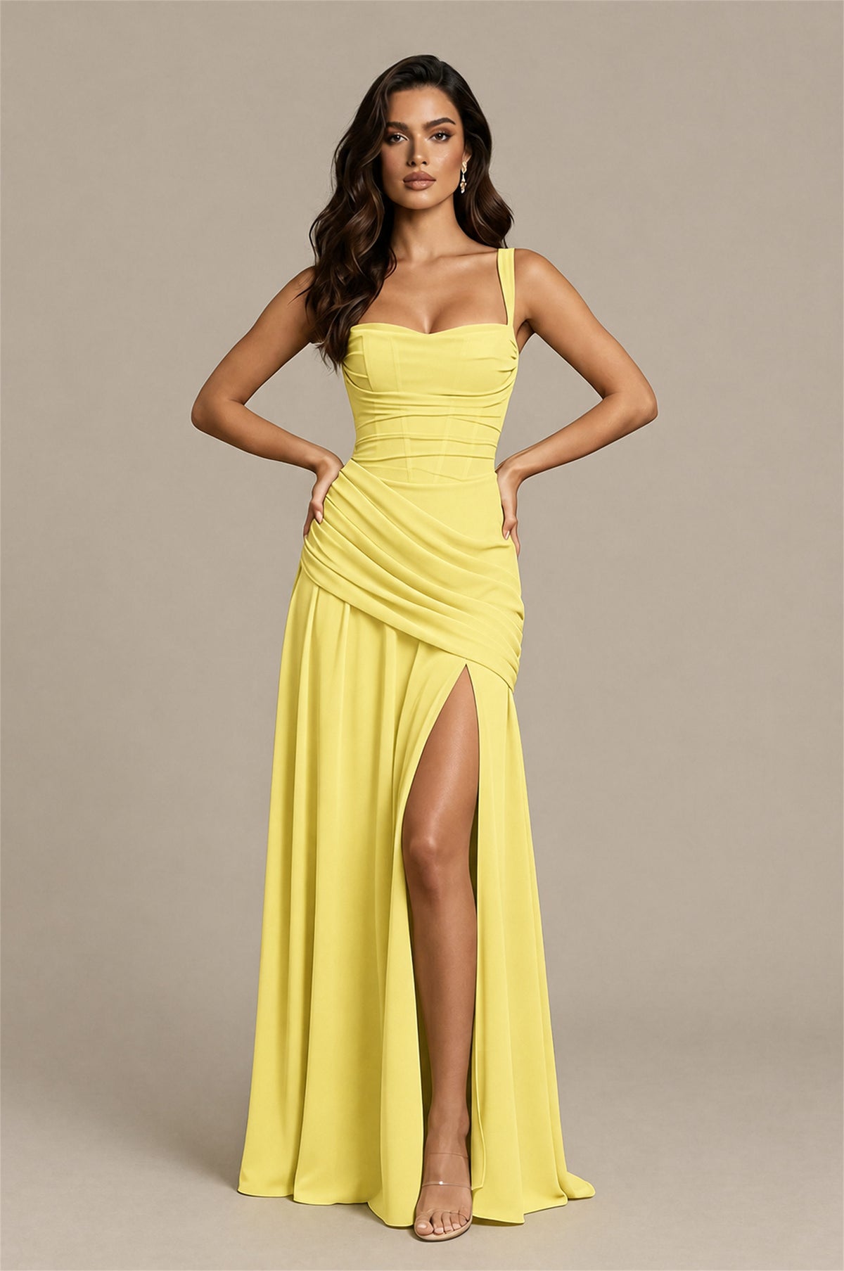 BOLODOO Yellow Spaghetti Strap Ruched Maxi Dress – Formal Evening Gown with Slit - Yellow