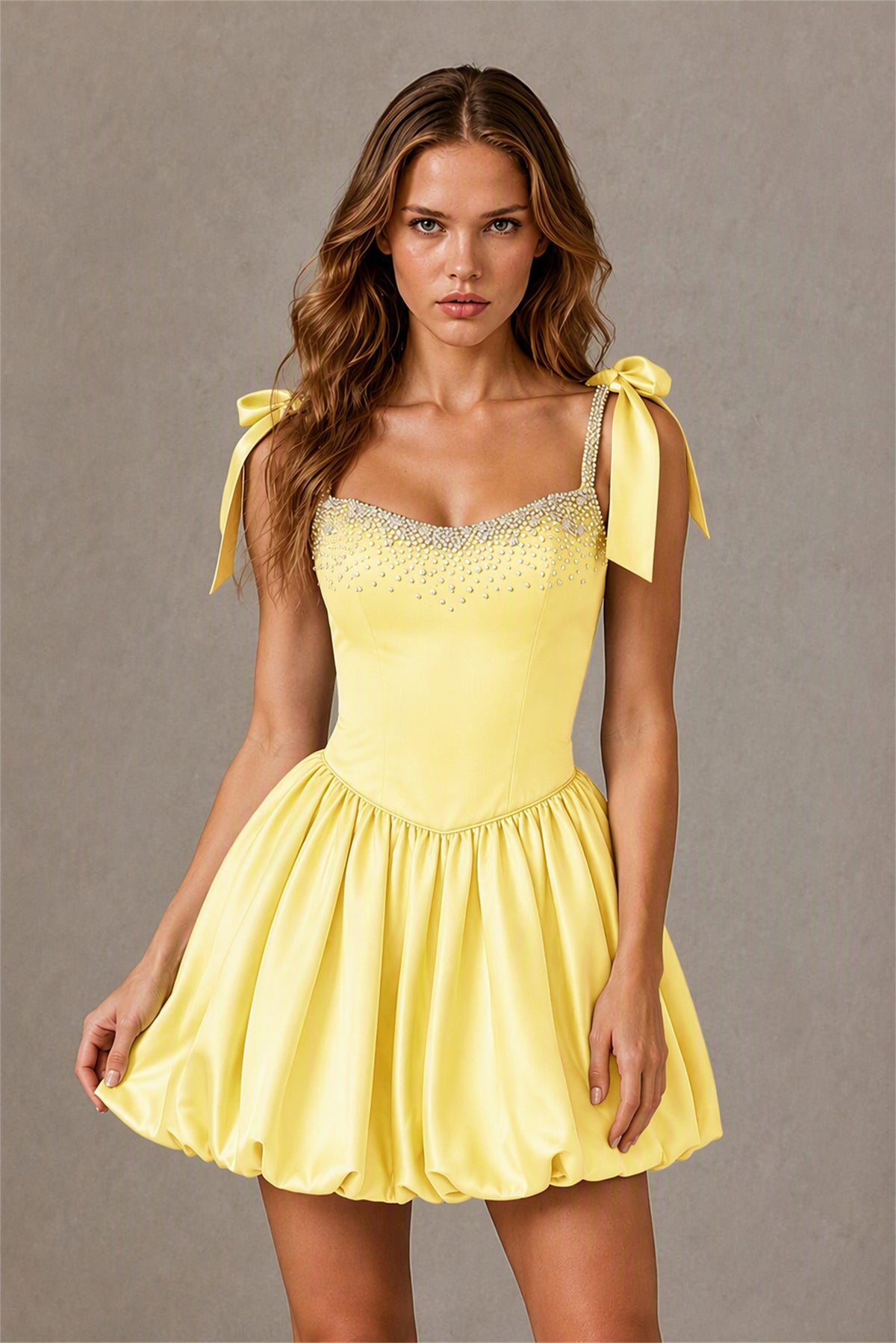 BOLODOO Yellow Satin Pearl Embellished Sweetheart Bow Strap Bubble Hem Mini Dress | Cocktail Prom Homecoming Dress - Yellow