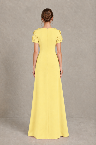 BOLODOO Yellow Textured Floral Maxi Dress with Short Sleeves - Yellow