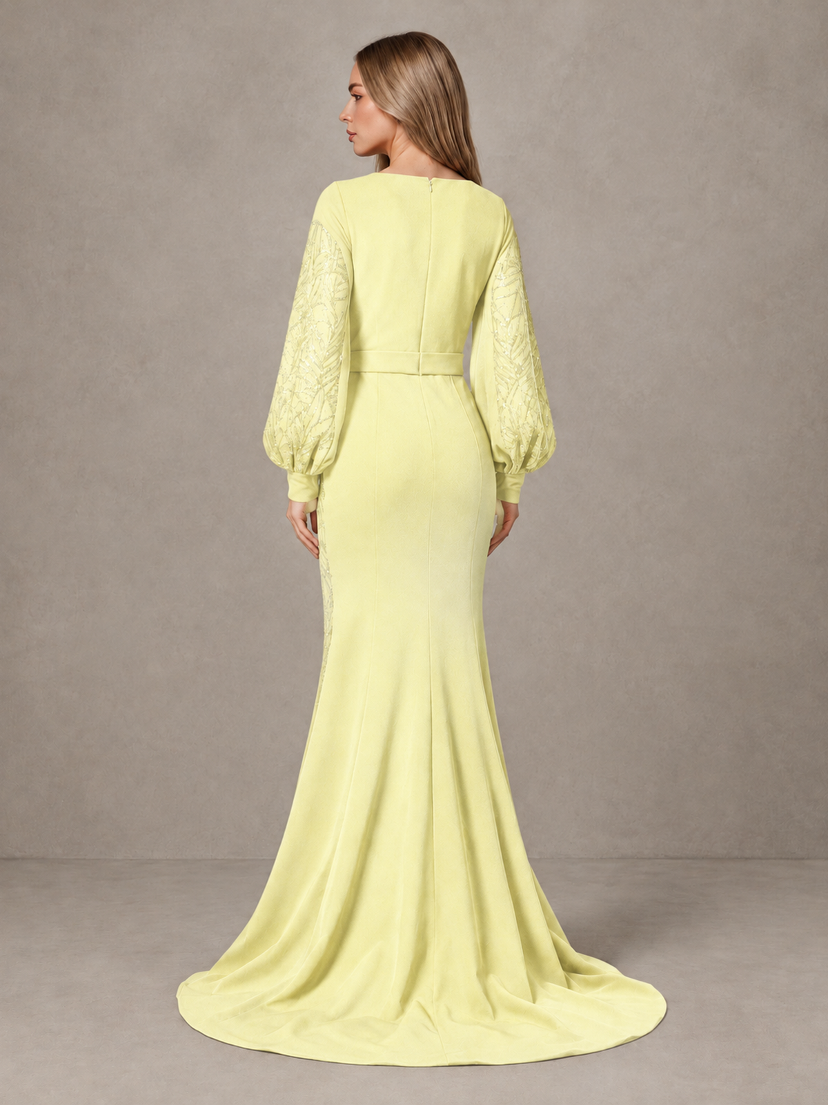 BOLODOO Yellow Sequin Long Bishop Sleeve Mermaid Evening Dress - Yellow - Yellow (2)