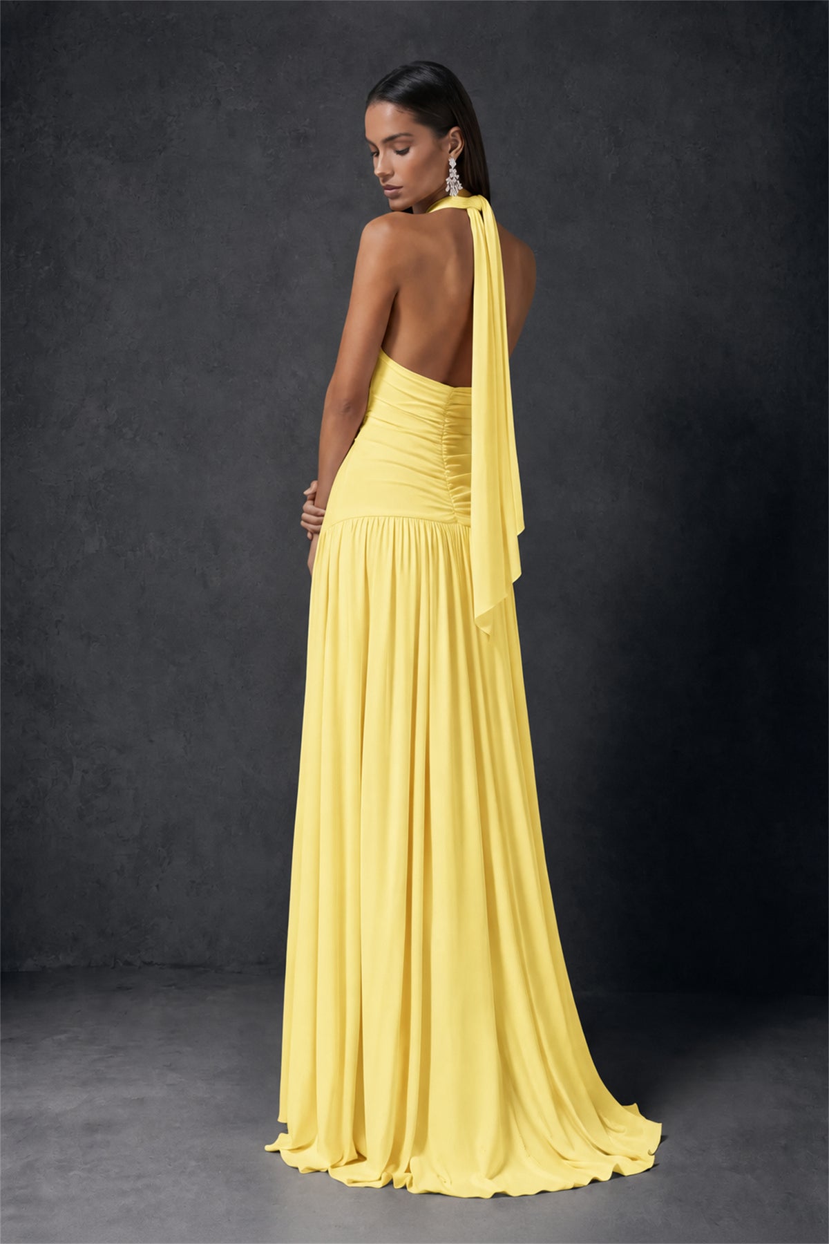 BOLODOO Yellow Halter Deep V-Neck Ruched Chiffon Open Back Maxi Dress with Draped Neck Tie - Yellow