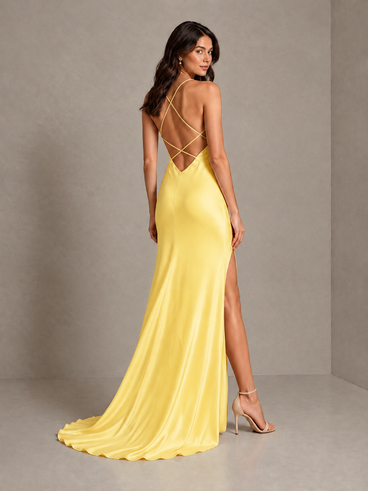 BOLODOO Yellow Satin Cowl Neck Bridesmaid Dress with Open Back & Side Slit - Yellow - Yellow (2)