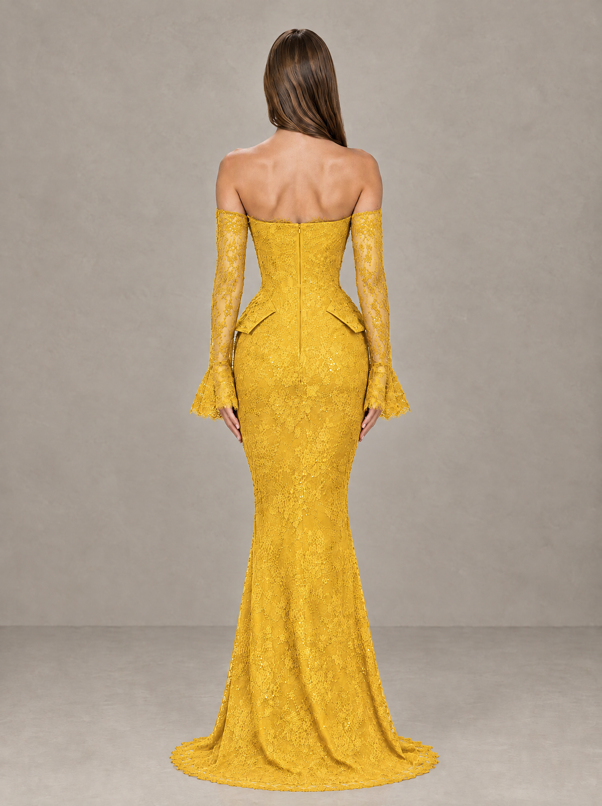 BOLODOO Yellow Lace Off-the-Shoulder Long Sleeve Mermaid Evening Gown - Yellow - Yellow (2)