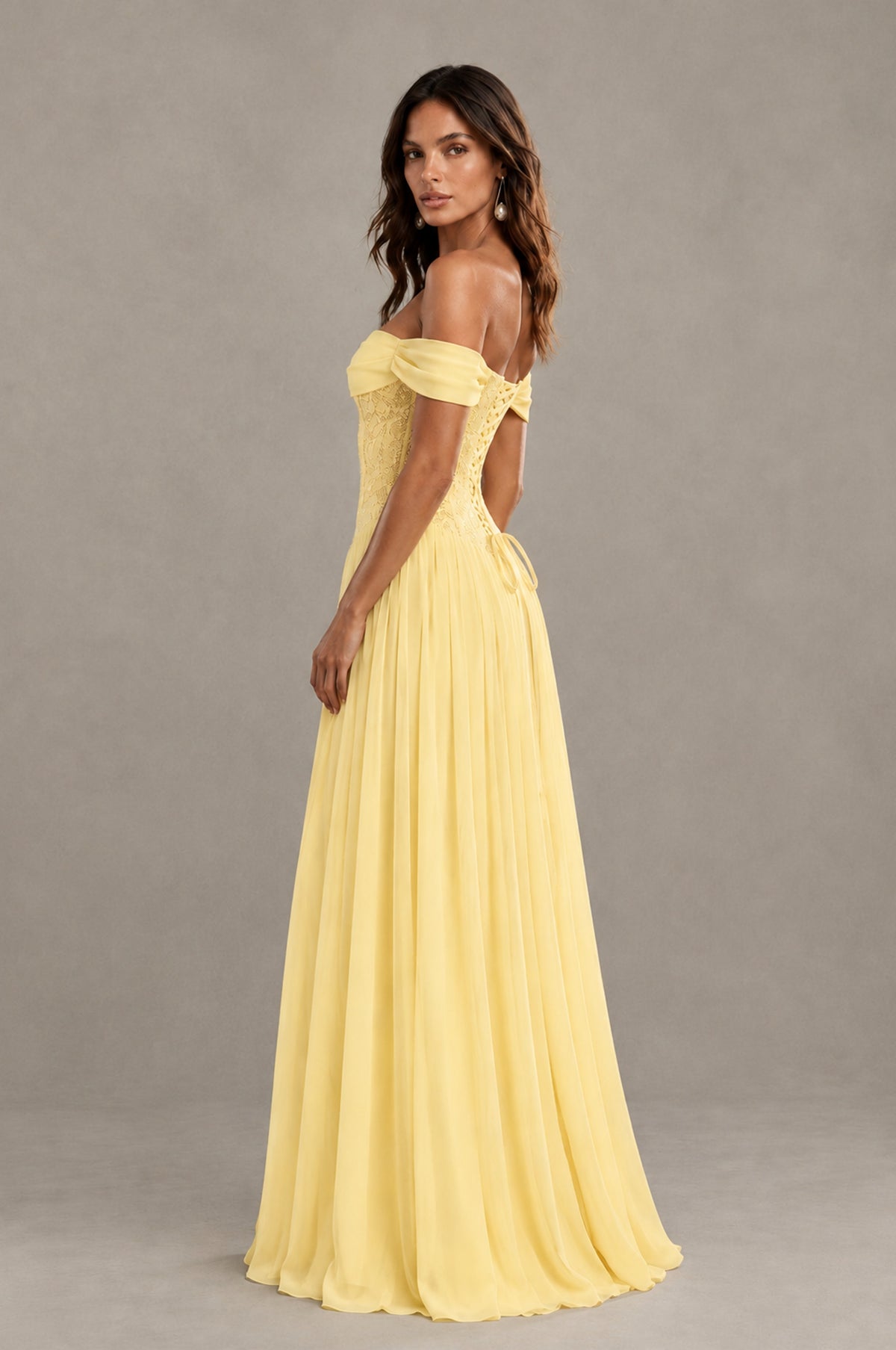 BOLODOO Yellow Off-Shoulder Lace Corset Tulle Maxi Dress - Yellow - Yellow (2)