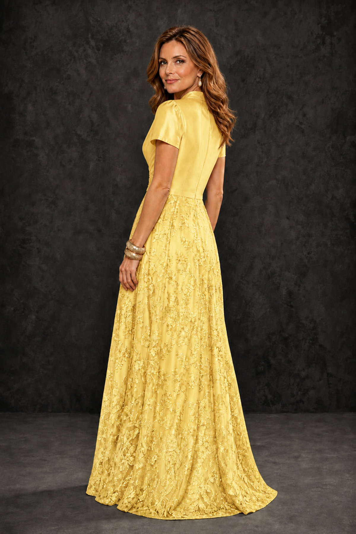 BOLODOO Yellow Satin Wrap V-Neck Short Sleeve Lace Glitter A-Line Floor Length Evening Gown – Formal Dress - Yellow - Yellow (2)
