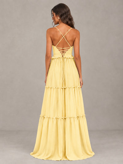 BOLODOO Yellow Tiered V-Neck Lace-Up Back Bridesmaid Dress - Yellow - Yellow (2)