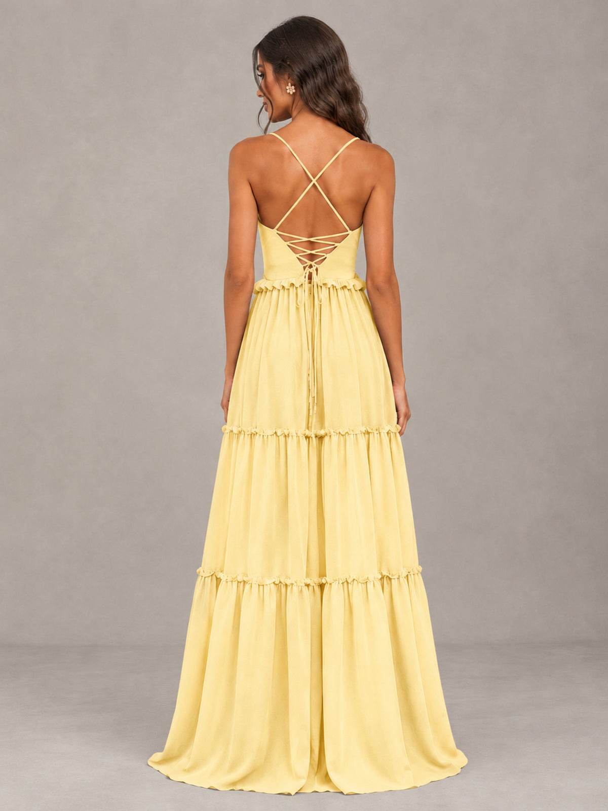BOLODOO Yellow Tiered V-Neck Lace-Up Back Bridesmaid Dress - Yellow - Yellow (2)