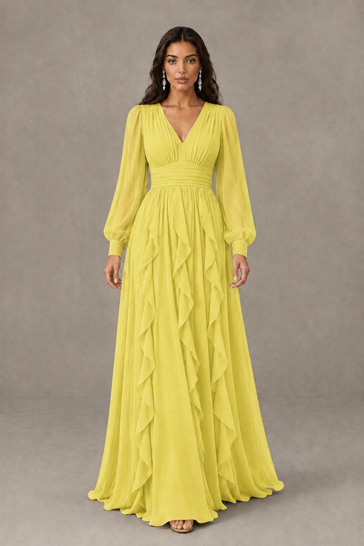 BOLODOO Yellow Long Sleeve V-Neck Ruffle Maxi Dress - Yellow - Yellow (2)