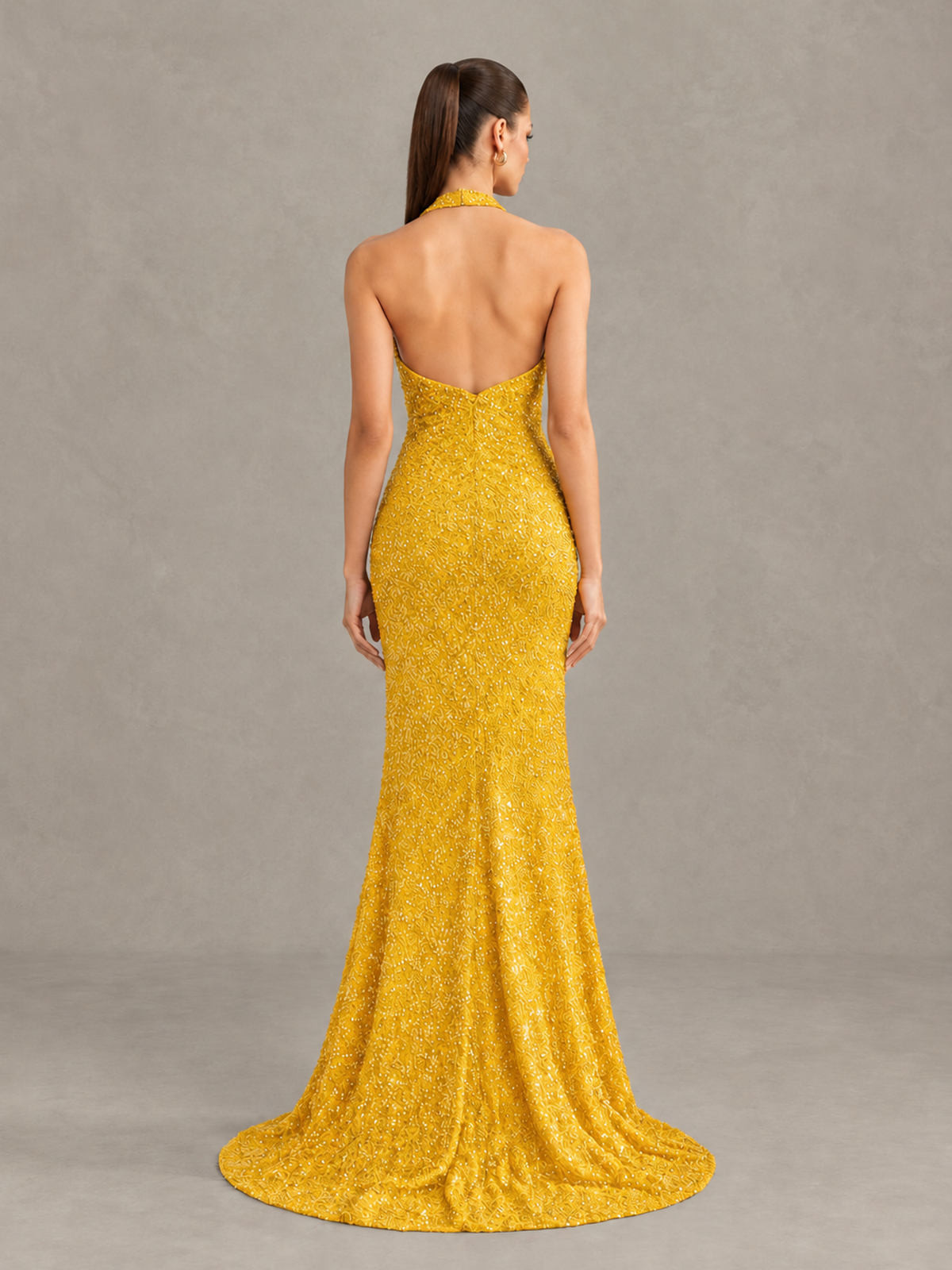 BOLODOO Yellow Sequin Halter Open Back Evening Gown with High Slit - Yellow - Yellow (2)