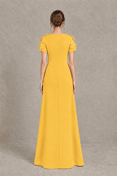 BOLODOO Yellow Textured Floral Maxi Dress with Short Sleeves - Yellow