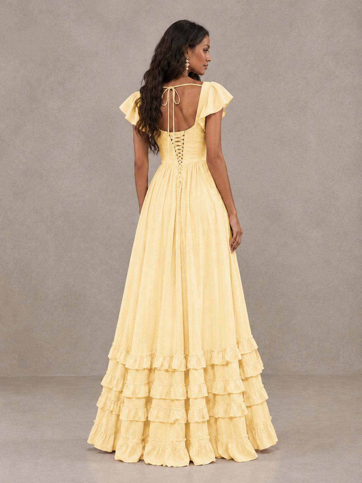 BOLODOO Yellow Flutter Sleeve Ruffle Bridesmaid Dress with Slit - Yellow - Yellow (2)