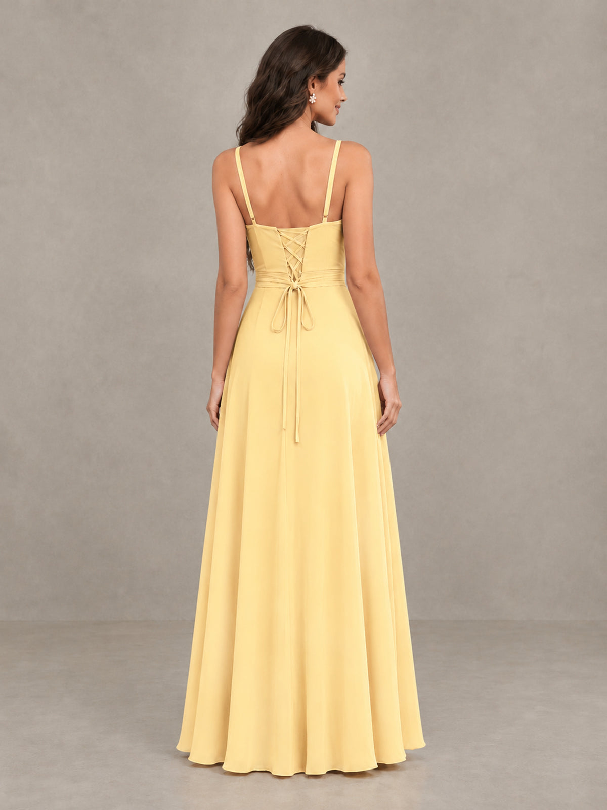 BOLODOO Yellow Spaghetti Strap Ruffle Bridesmaid Dress with Slit - Yellow - Yellow (2)