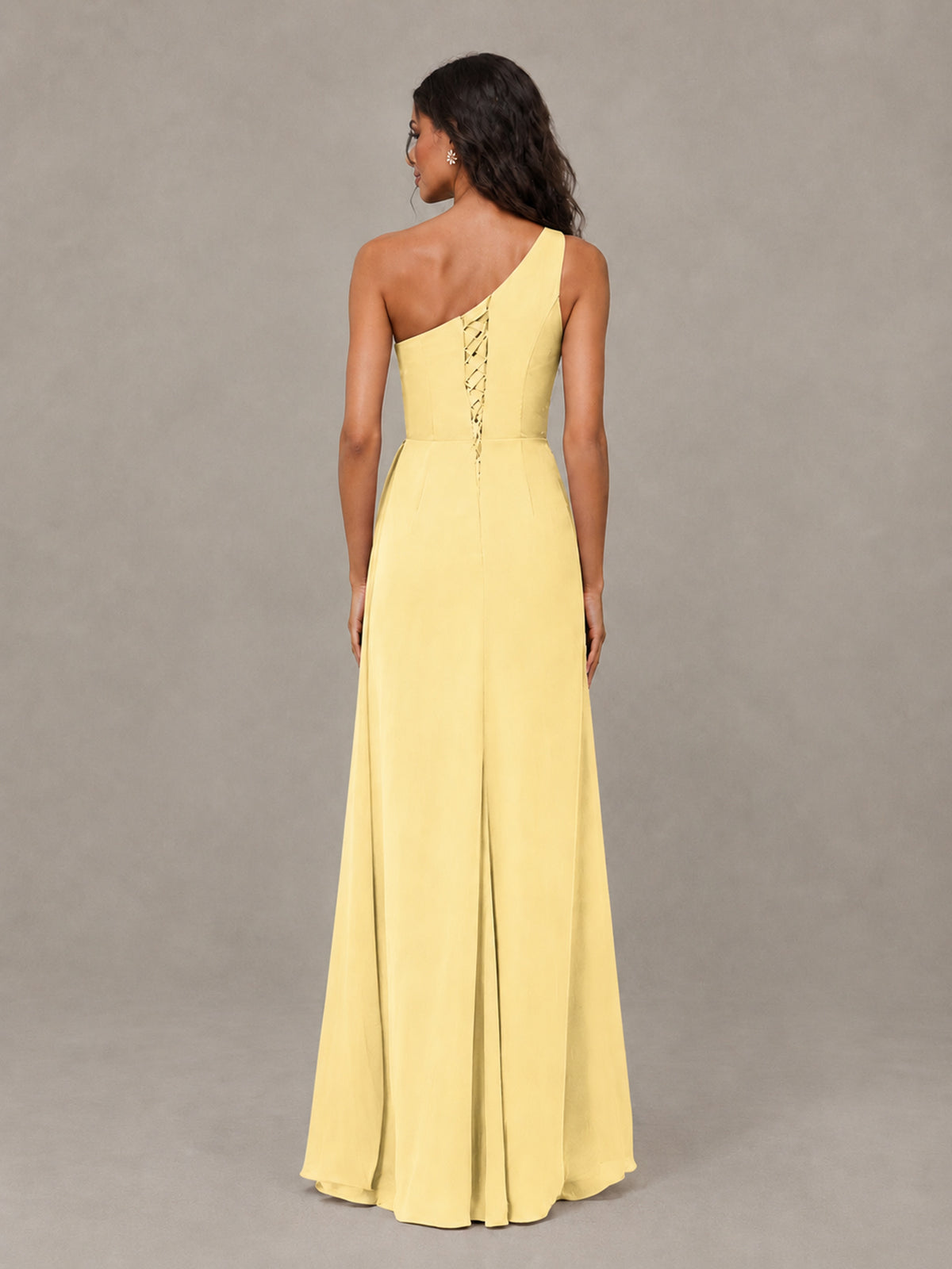 BOLODOO Yellow One-Shoulder Chiffon Bridesmaid Dress with Ruched Bodice & High Slit - Yellow - Yellow (2)