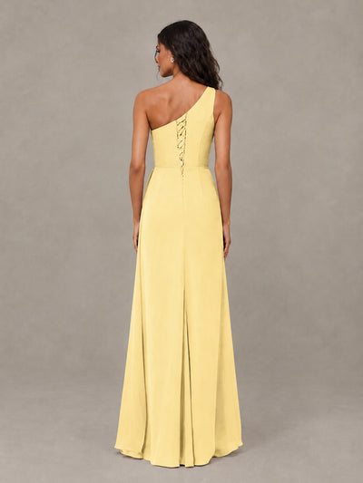 BOLODOO Yellow One-Shoulder Chiffon Bridesmaid Dress with Ruched Bodice & High Slit - Yellow - Yellow (2)