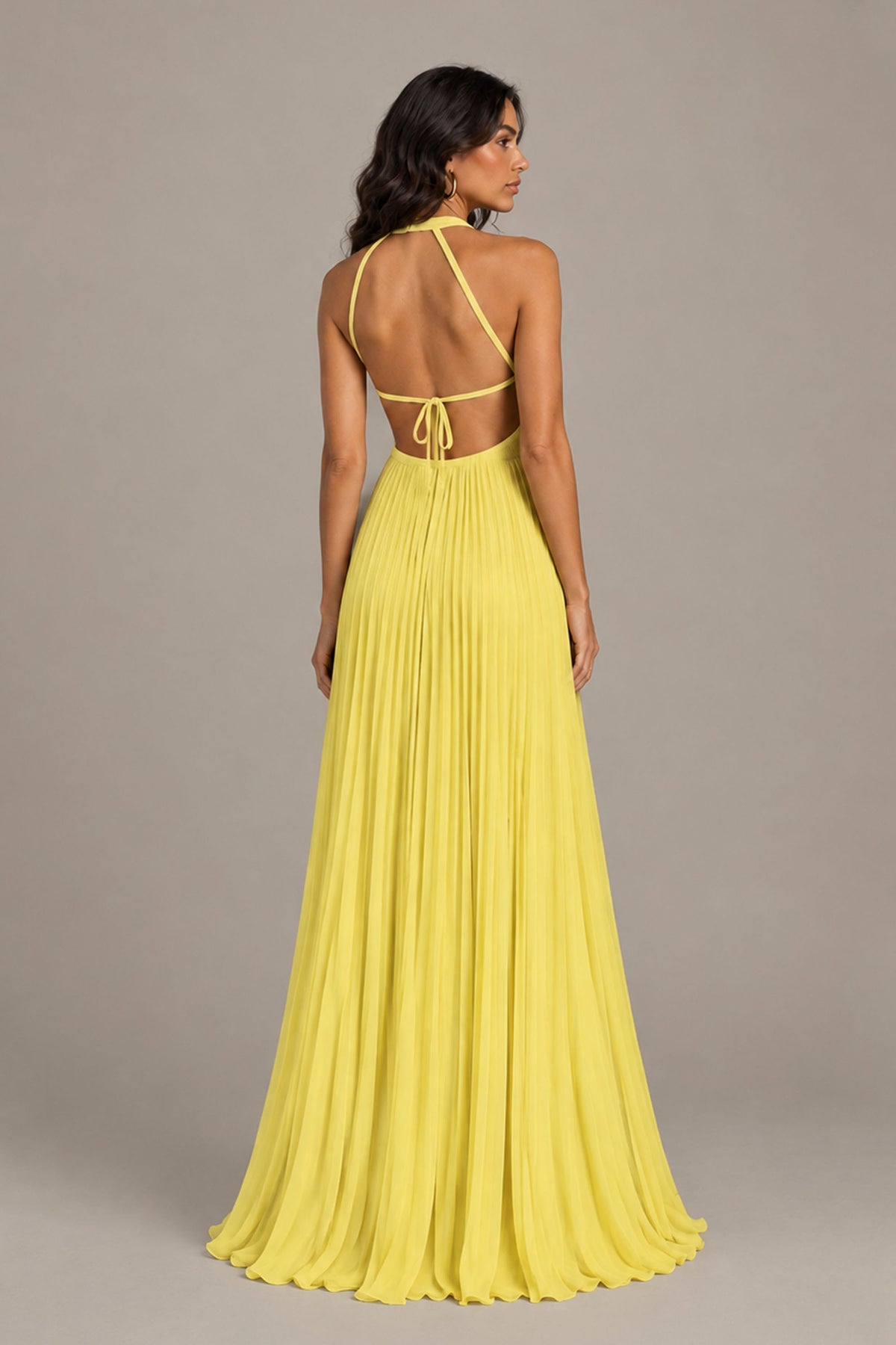BOLODOO Yellow Halter Neck Pleated Chiffon Maxi Dress with Side Slit - Yellow