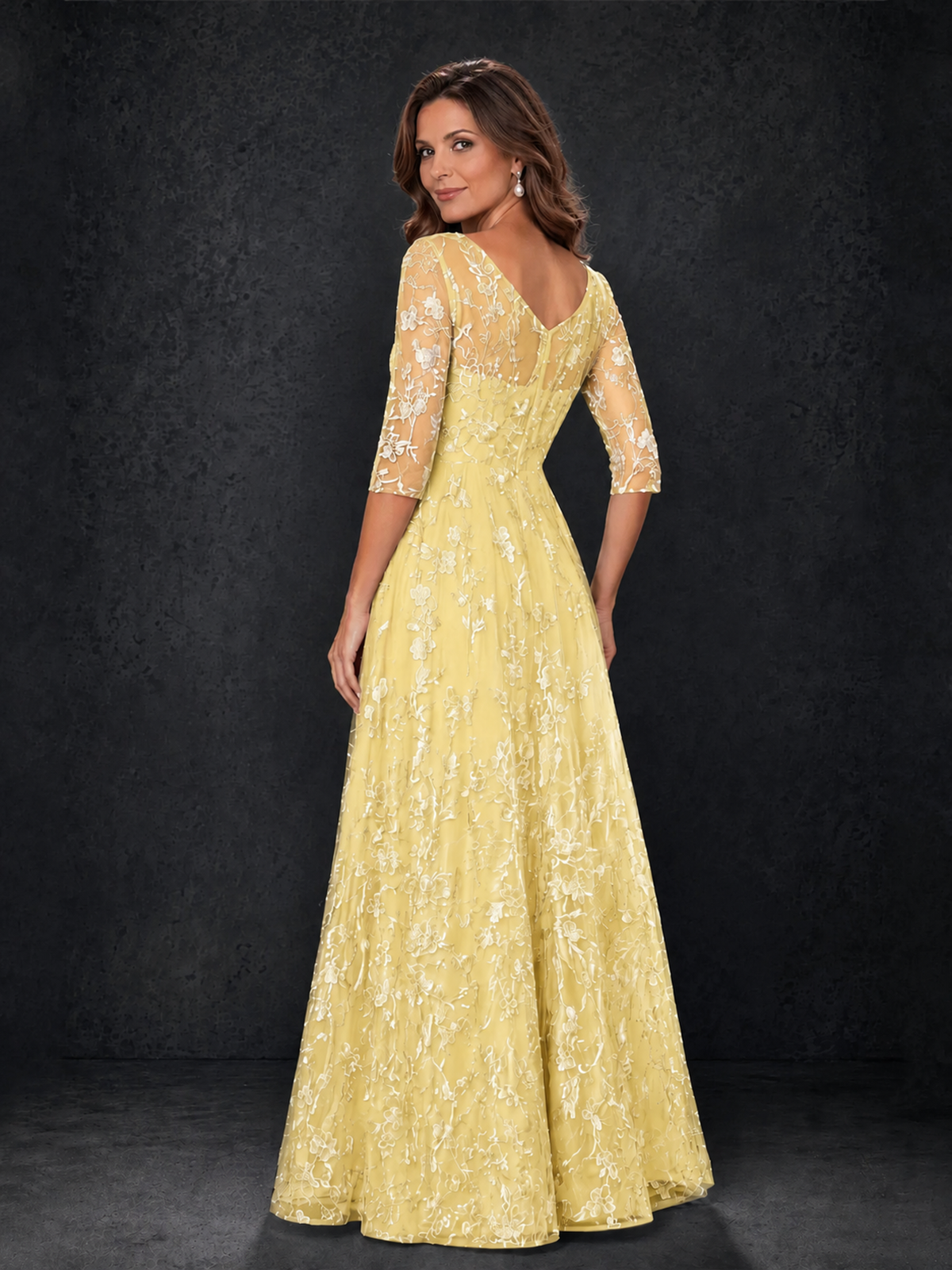 BOLODOO Yellow Illusion Bateau Neck 3/4 Sleeve Floral Lace A-Line Mother of the Bride Dress MX007 - Yellow