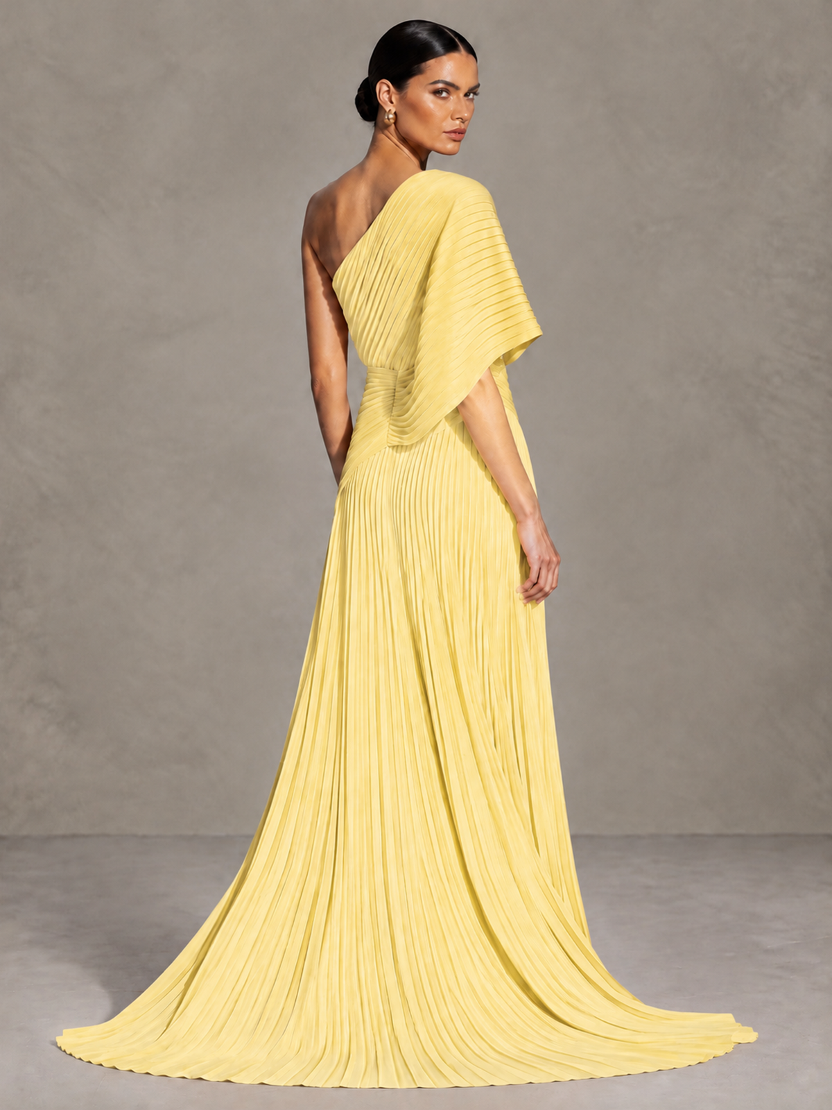 BOLODOO Yellow One-Shoulder Pleated Cape Evening Gown with Train - Yellow - Yellow (2)