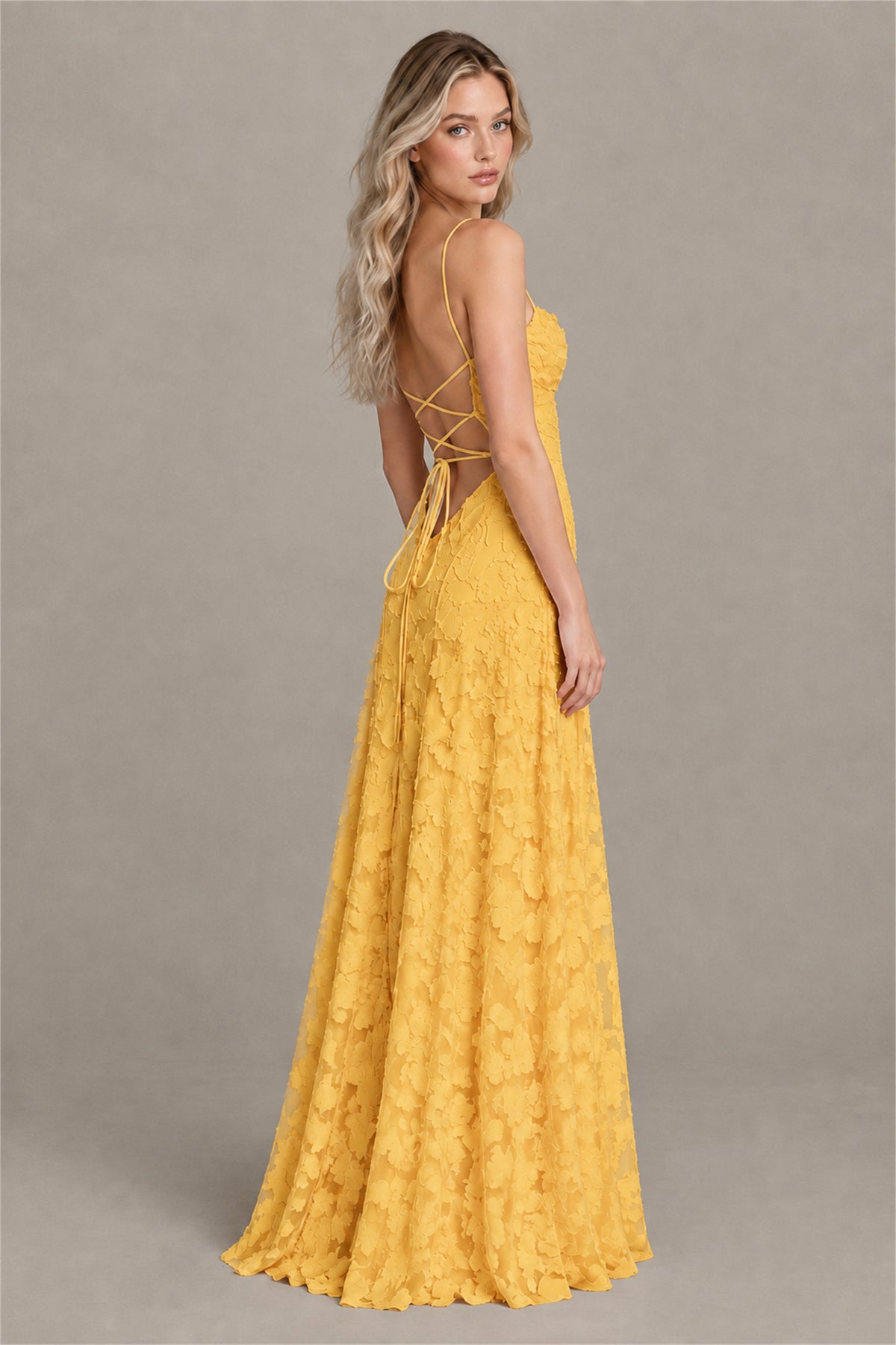 BOLODOO Yellow Floral Appliqué Lace-Up Back Maxi Dress - Yellow