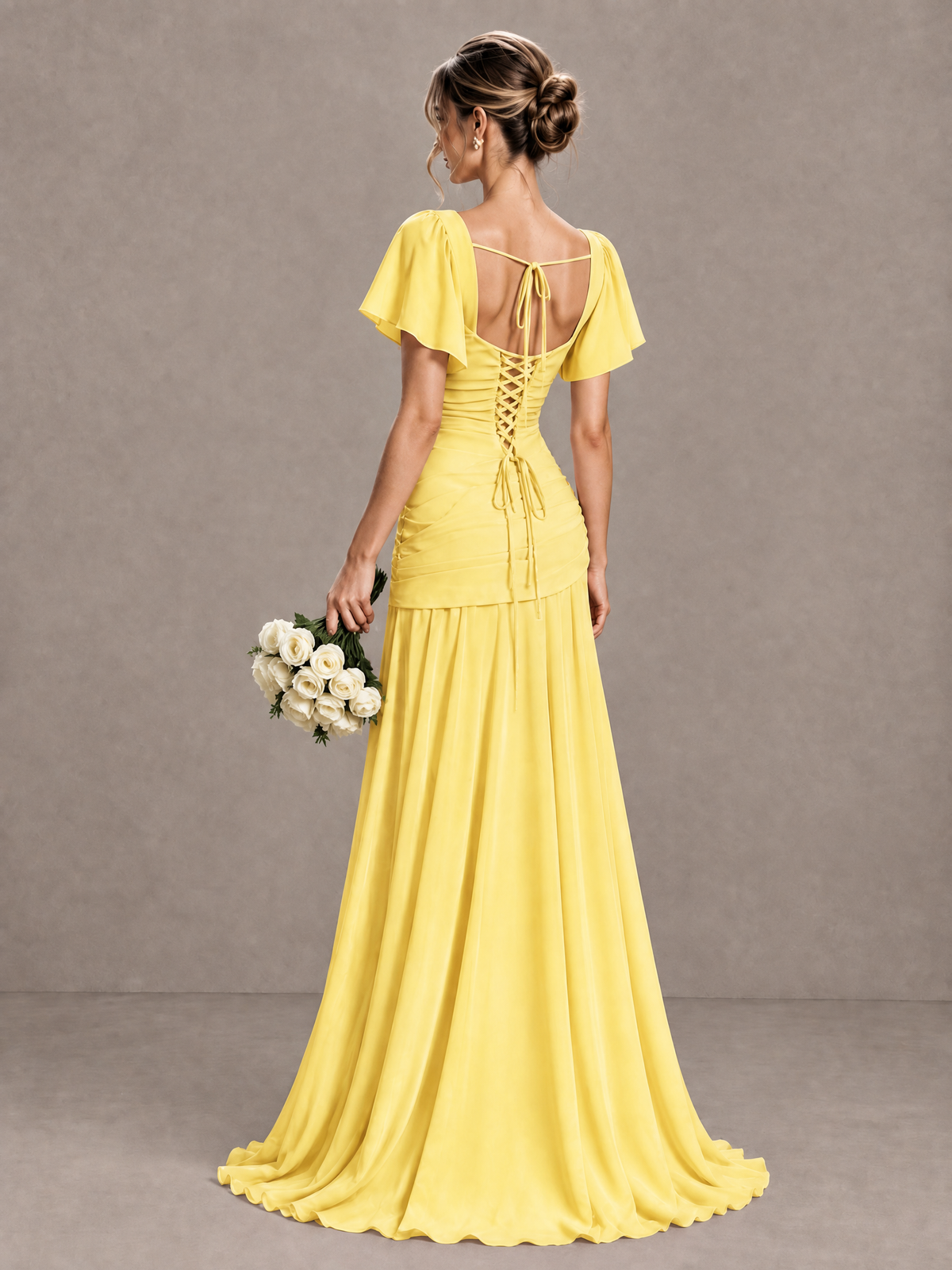 BOLODOO Yellow Flutter Sleeve Lace-Up Back Maxi Dress - Yellow