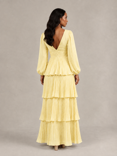 BOLODOO Yellow Long-Sleeve Tiered Maxi Dress with Deep V-Neck - Yellow