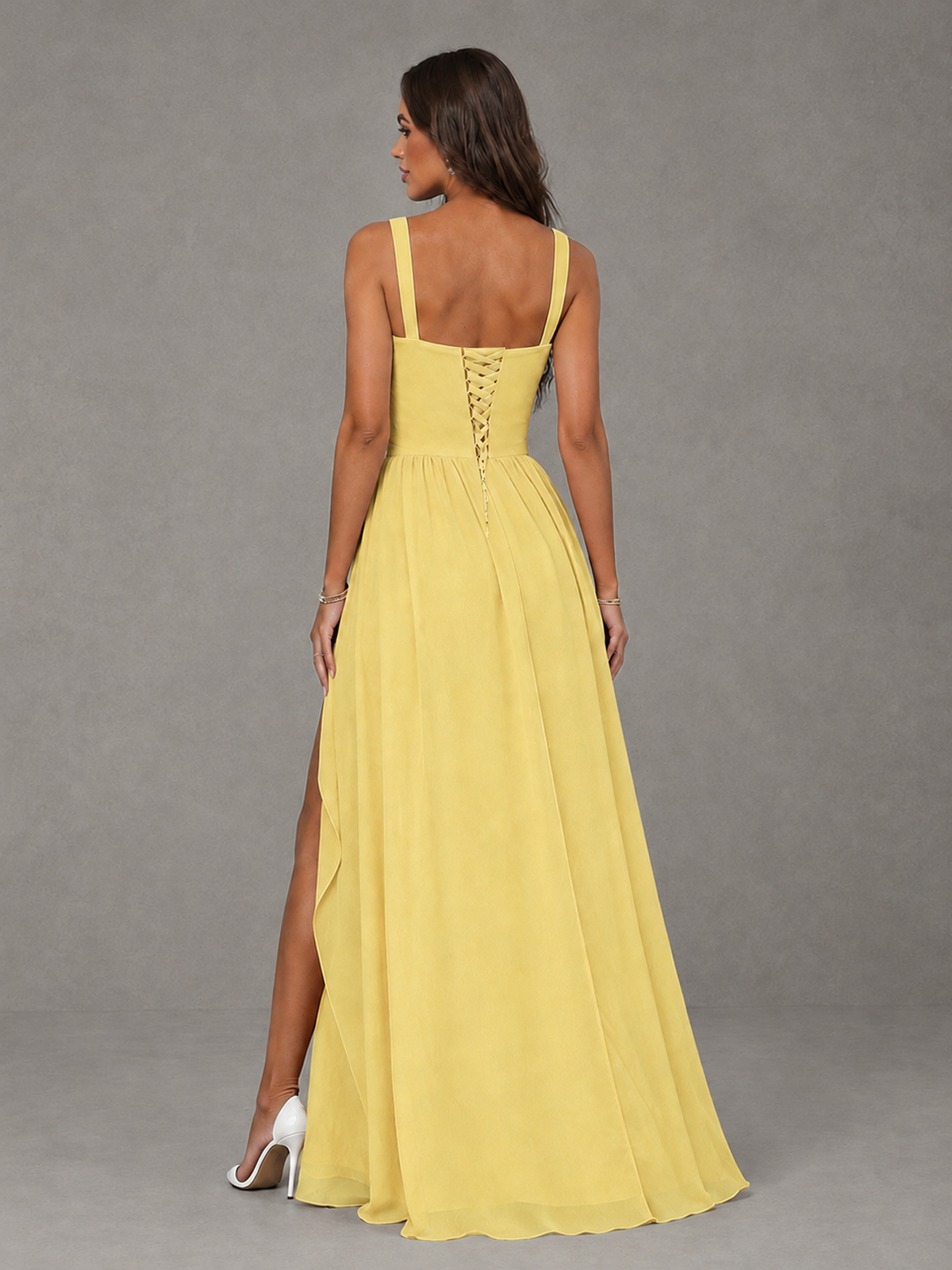 BOLODOO Yellow A-Line Bridesmaid Dress with High Slit & Lace-Up Back - Yellow - Yellow (2)