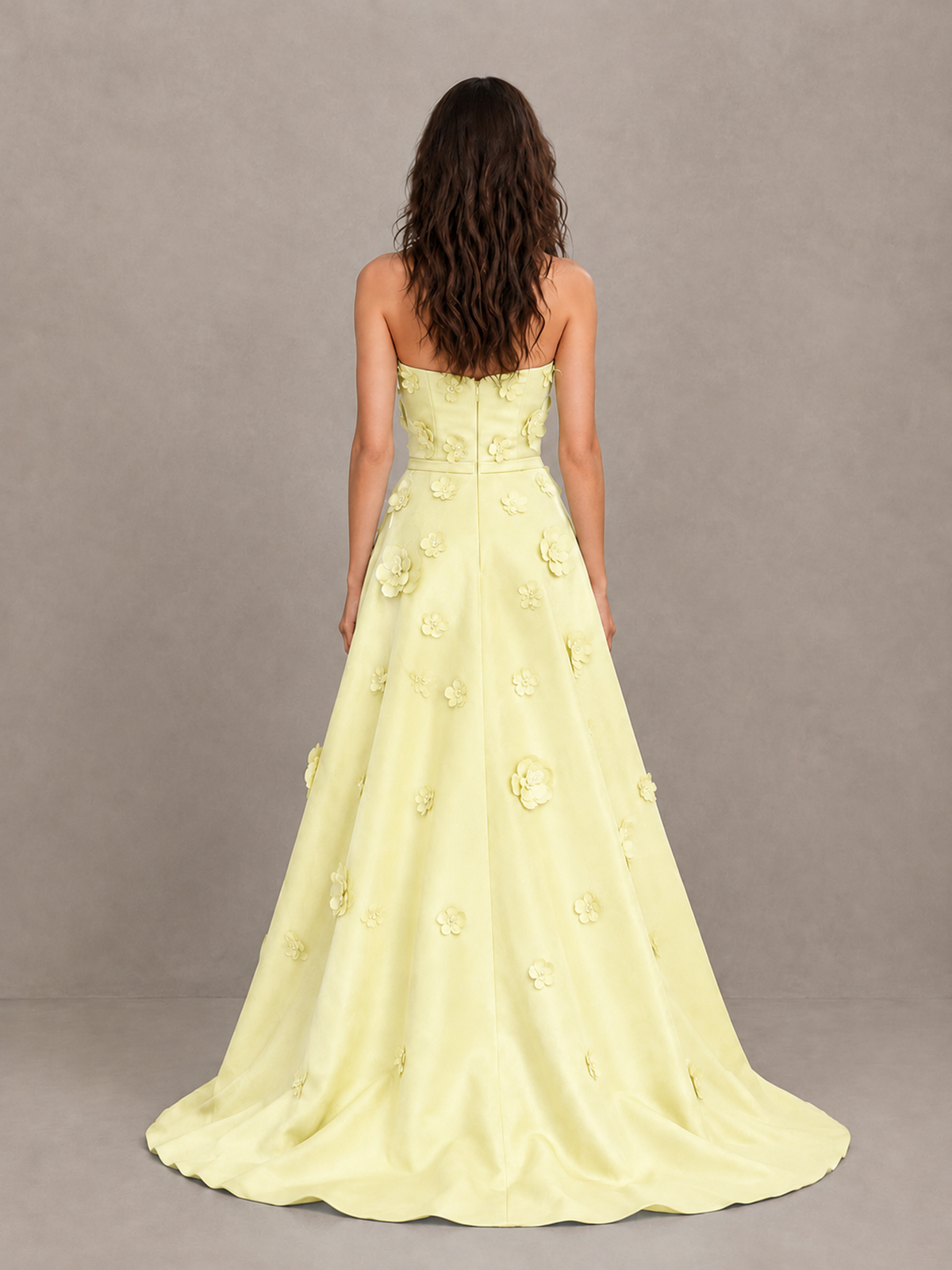 BOLODOO Yellow Strapless 3D Floral Applique Prom Gown with Draped Skirt - Yellow - Yellow (2)