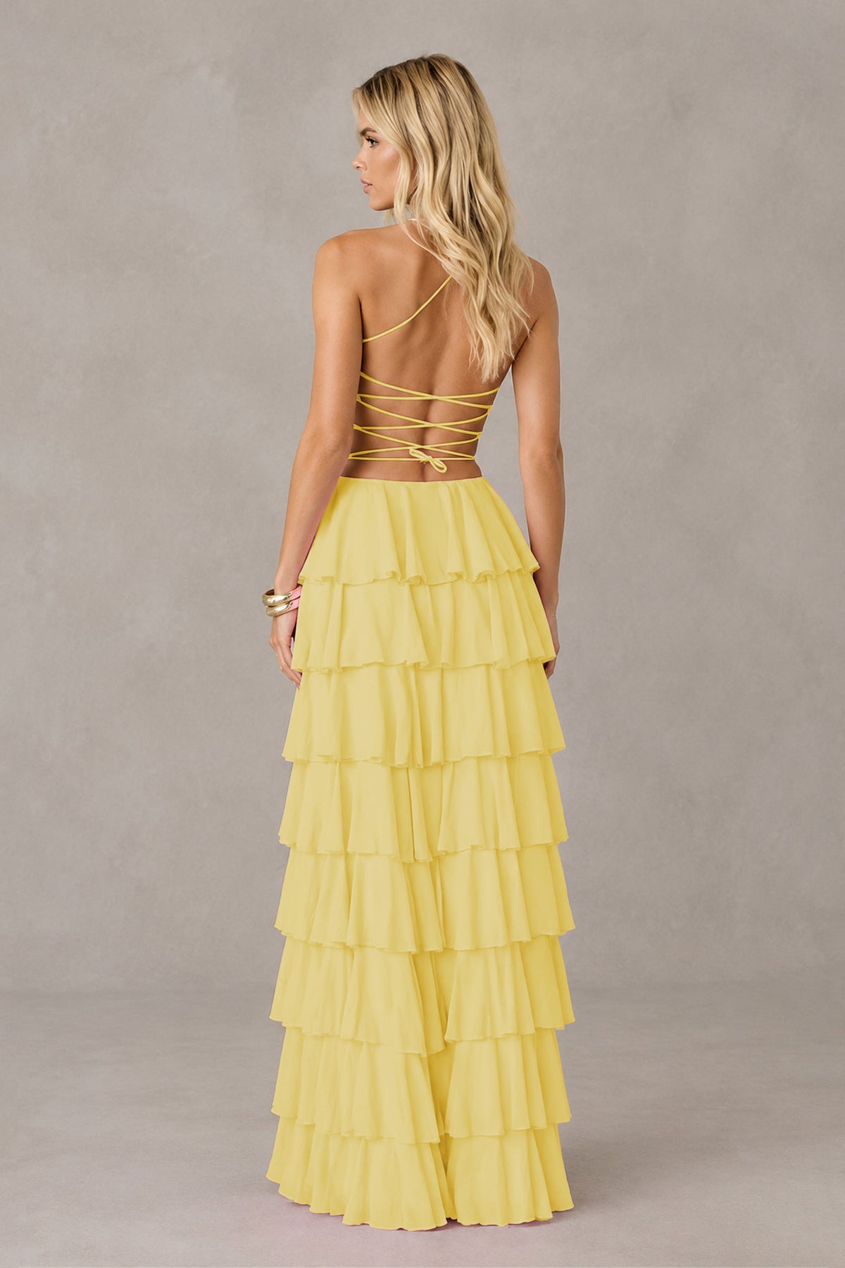 BOLODOO Yellow Strapless Tiered Ruffle Maxi Dress with Slit & Lace-Up Back - Yellow
