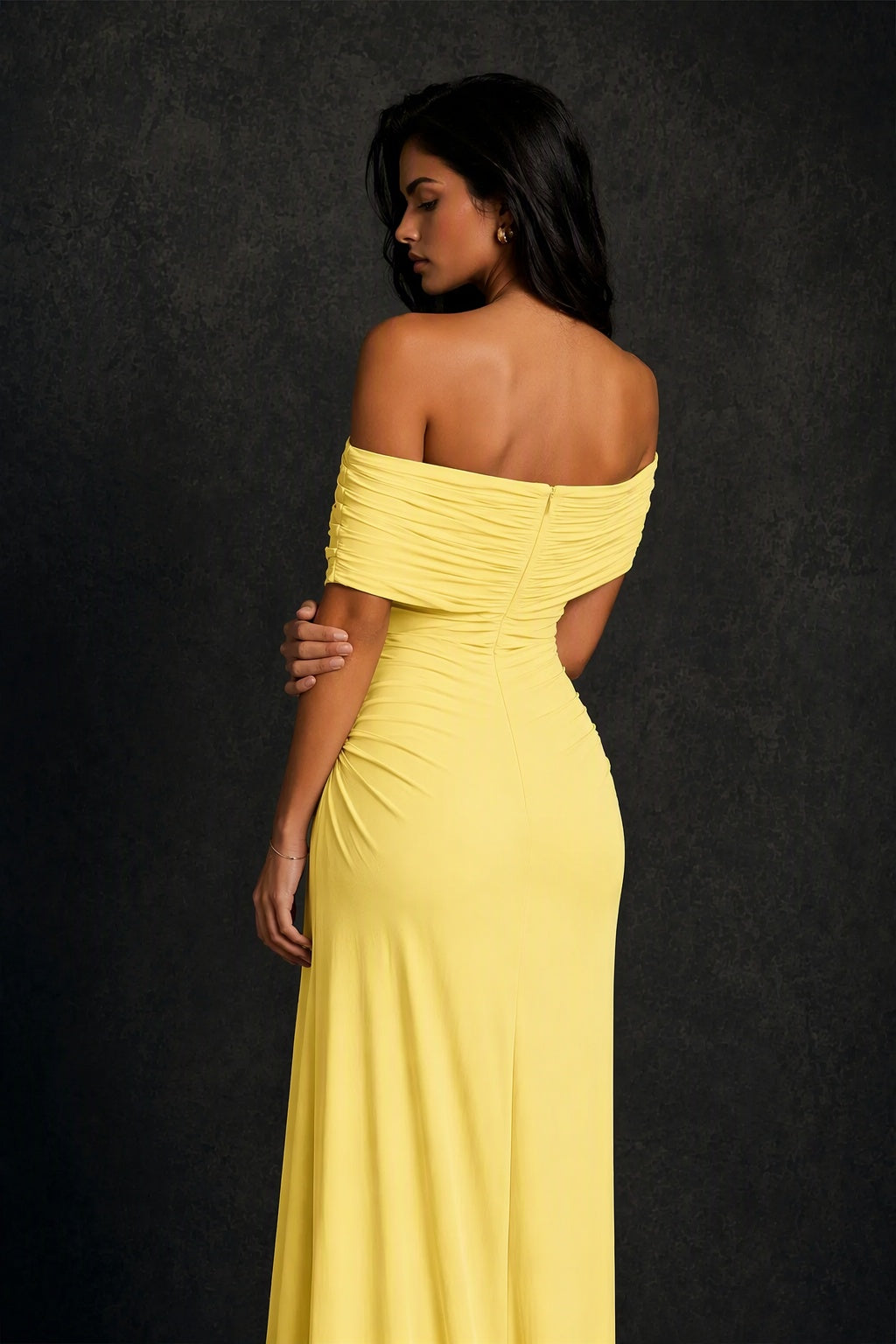 BOLODOO Yellow Off-Shoulder Ruched Maxi Dress - Yellow