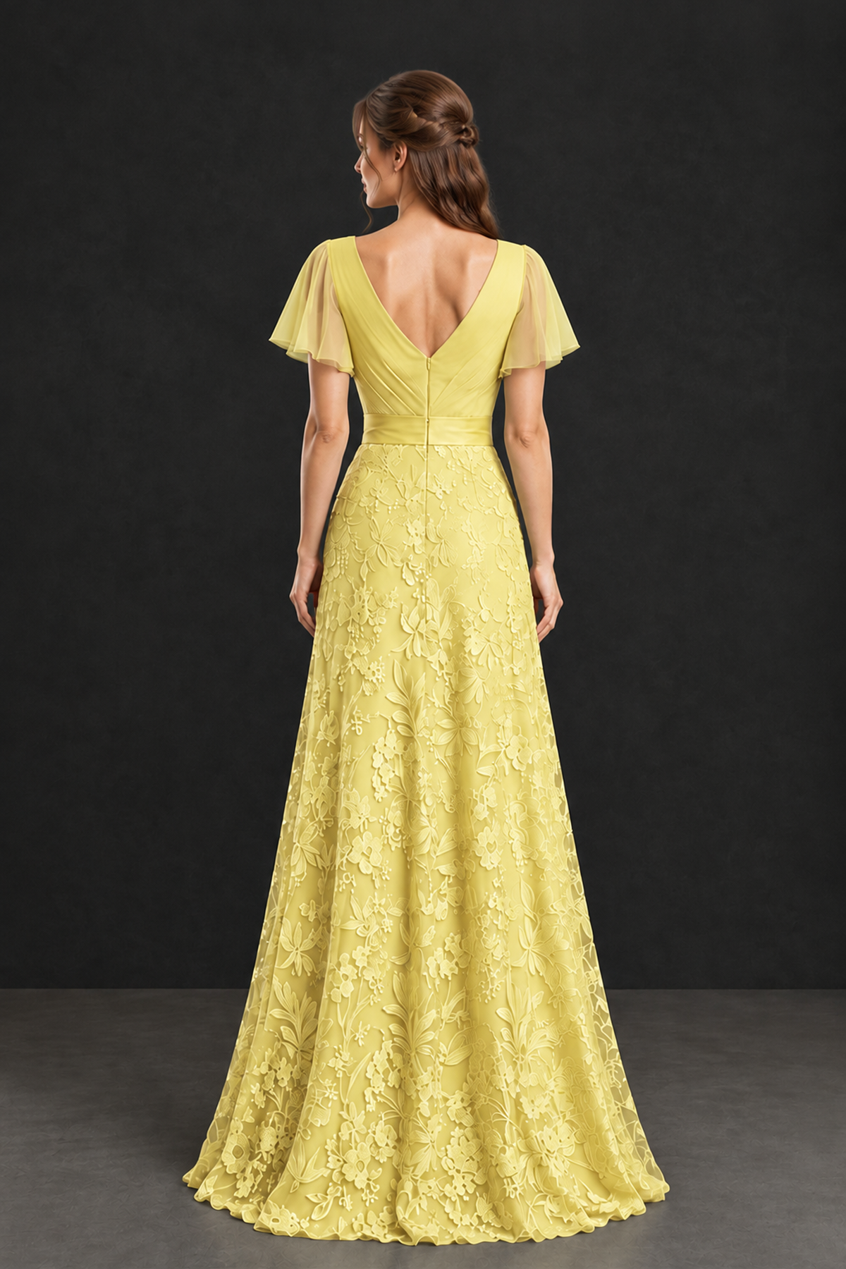 BOLODOO Yellow Flutter Sleeve Lace Mother of the Bride Dress - Yellow