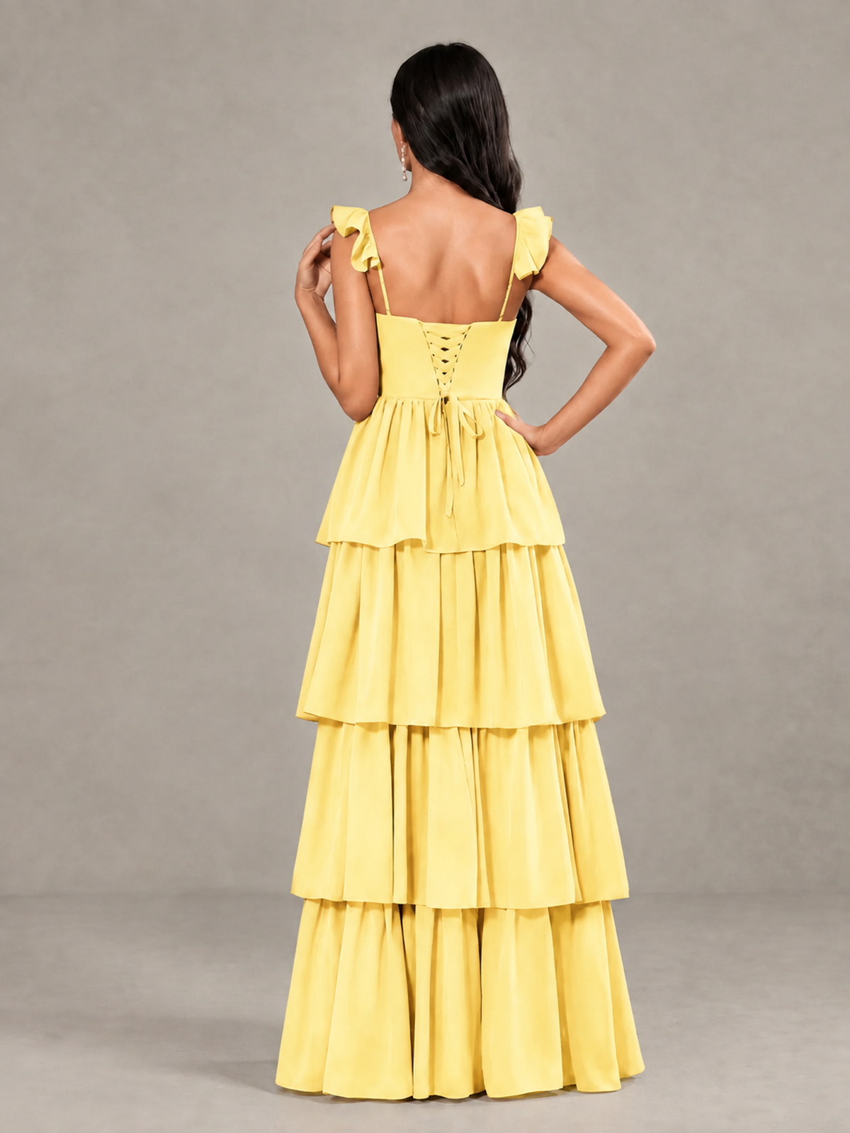 BOLODOO Yellow Tiered Maxi Bridesmaid Dress with Slit - Yellow