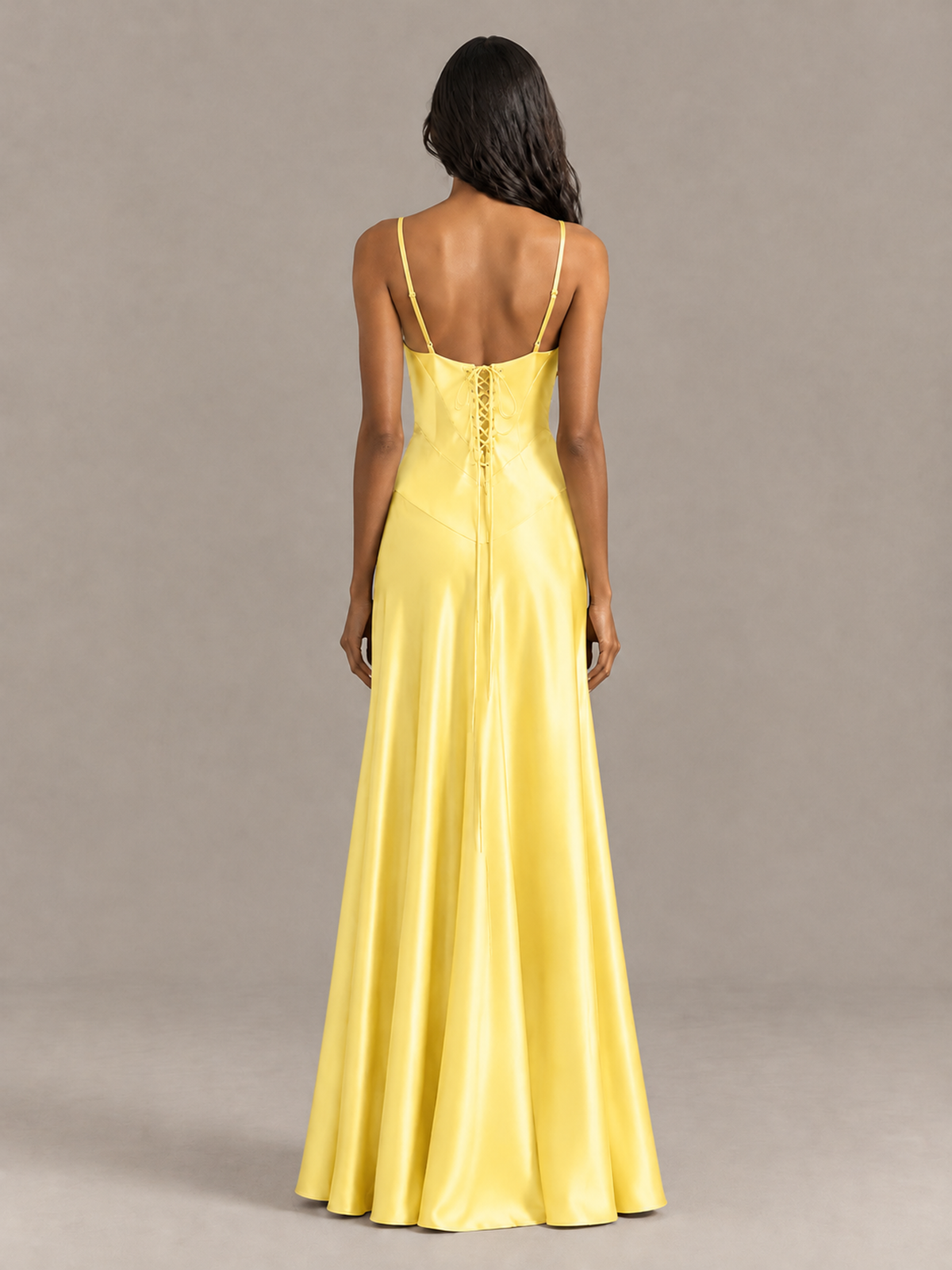 BOLODOO Yellow Satin Lace-Up Back Maxi Dress - Yellow