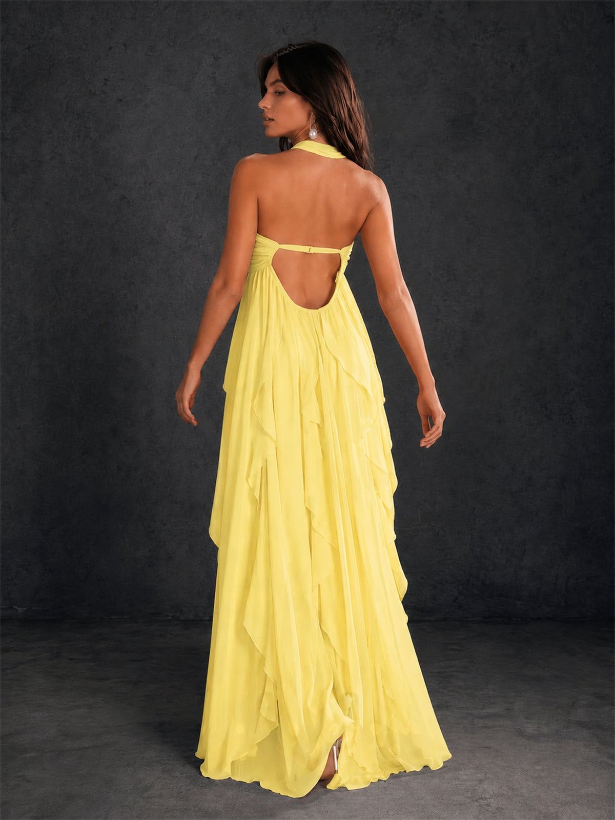 BOLODOO Yellow Halter Neck Cascading Ruffle Chiffon Maxi Dress | Keyhole Open Back - Yellow