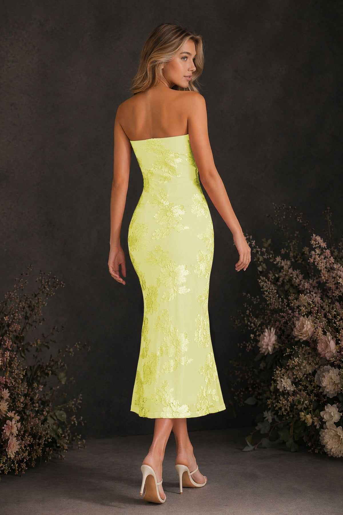 BOLODOO Yellow Tonal Floral Embroidered Mesh Strapless Open Back Bodycon Midi Tea Length Dress - Yellow