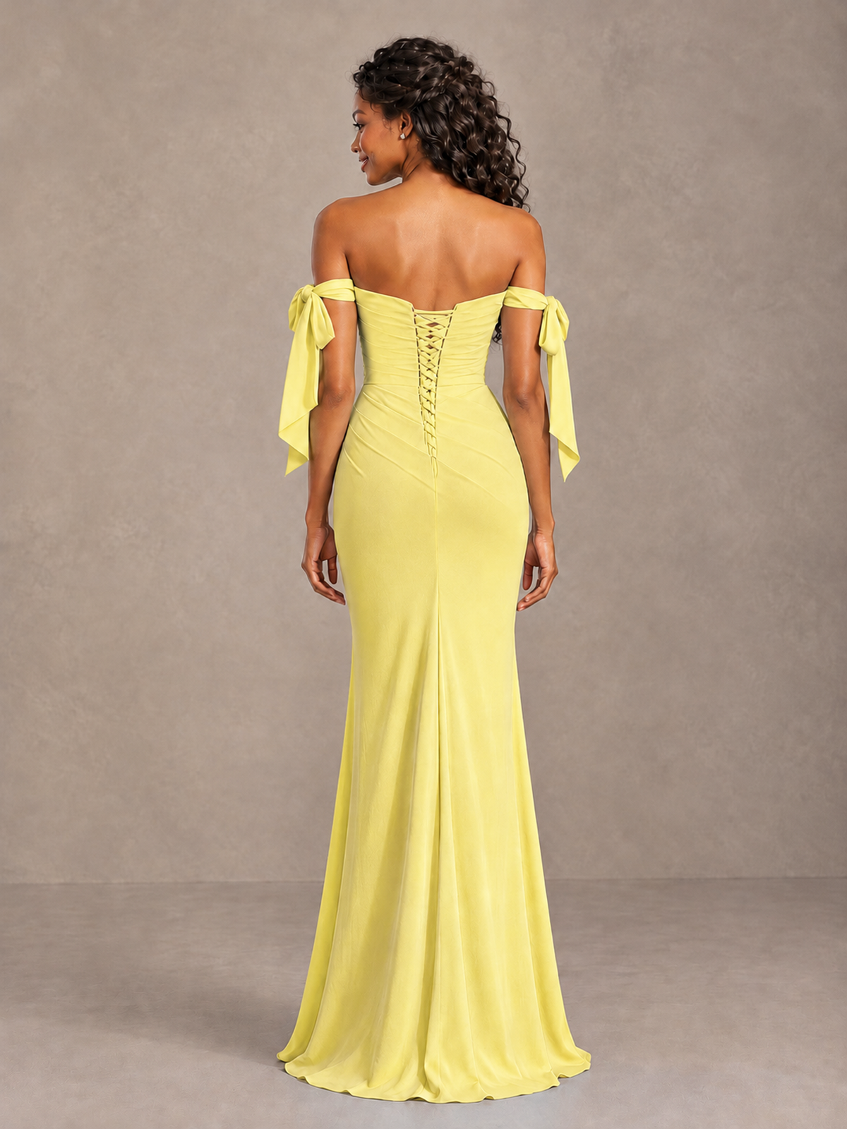 Yellow Off-Shoulder Bow Bridesmaid Dress with Slit - Yellow - Yellow (2)