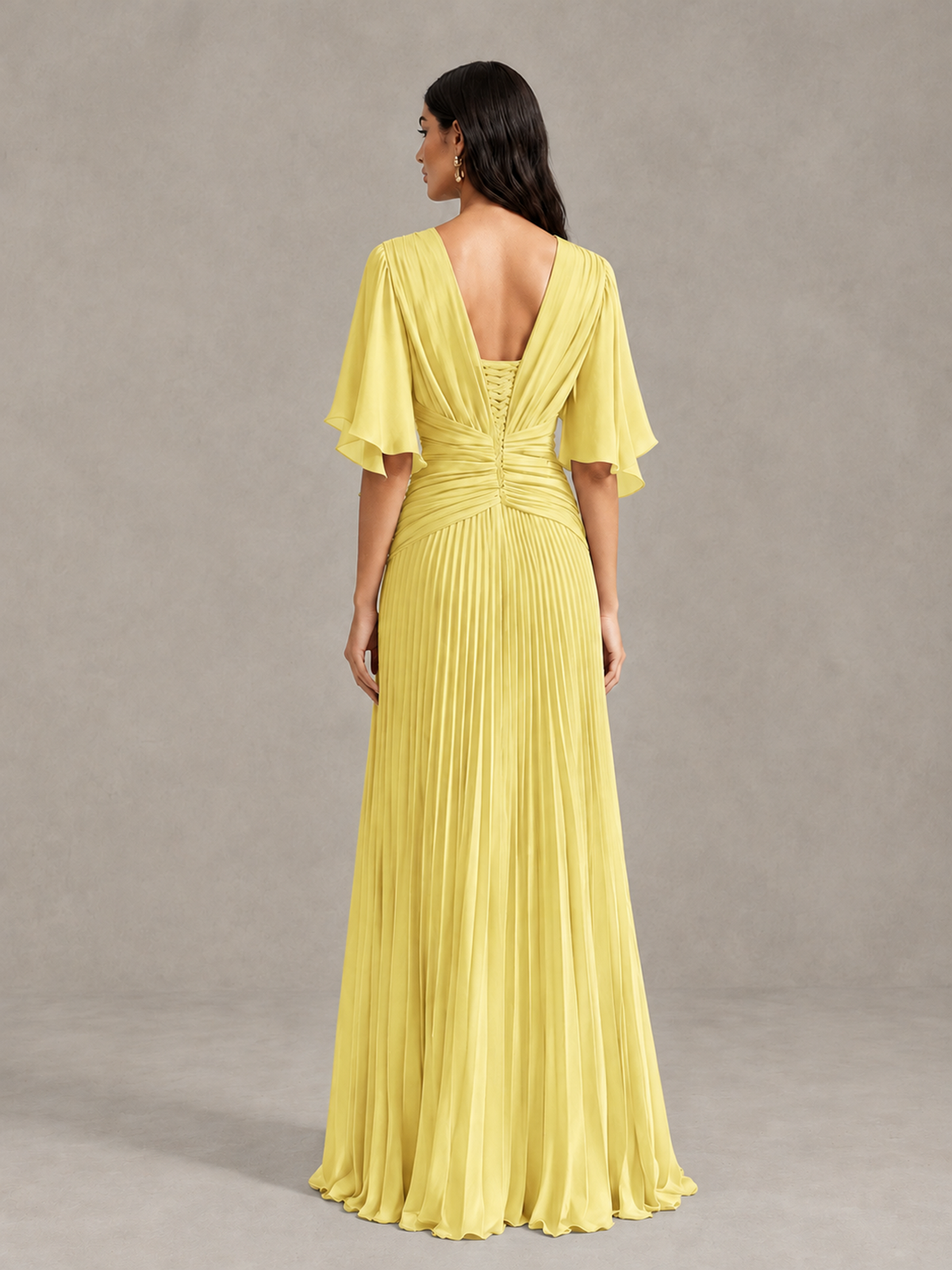 BOLODOO Yellow Pleated V-Neck Flutter Sleeve Bridesmaid Dress - Yellow - Yellow (2)