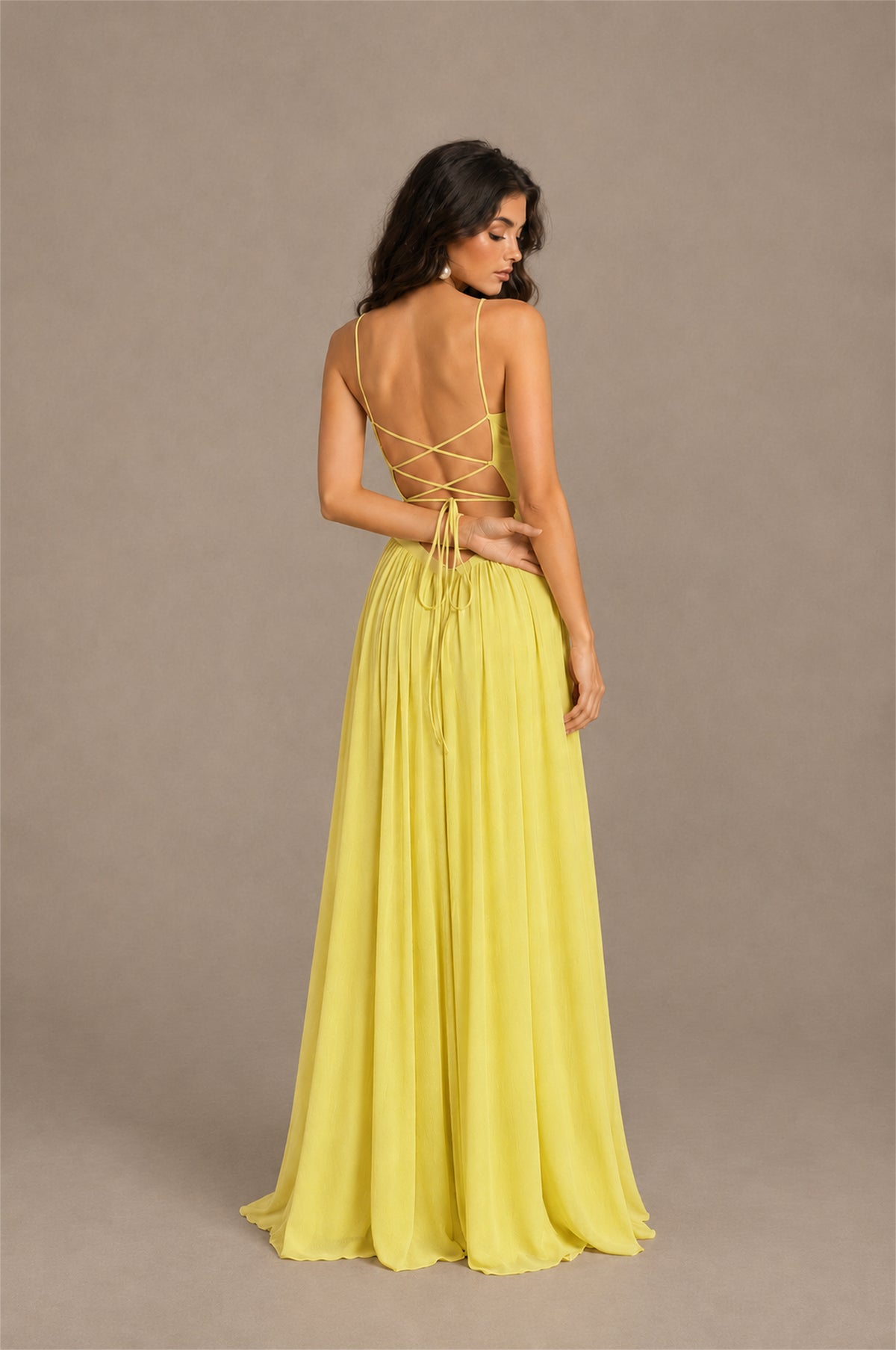 BOLODOO Yellow Spaghetti Strap Square Neck Ruched Chiffon Maxi Dress with Lace-Up Back - Yellow