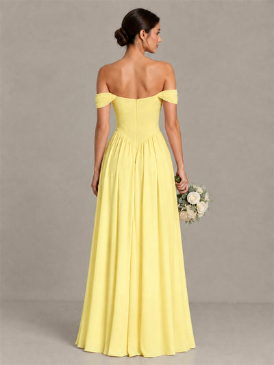 BOLODOO Yellow Off-Shoulder Chiffon A-Line Bridesmaid Dress - Yellow