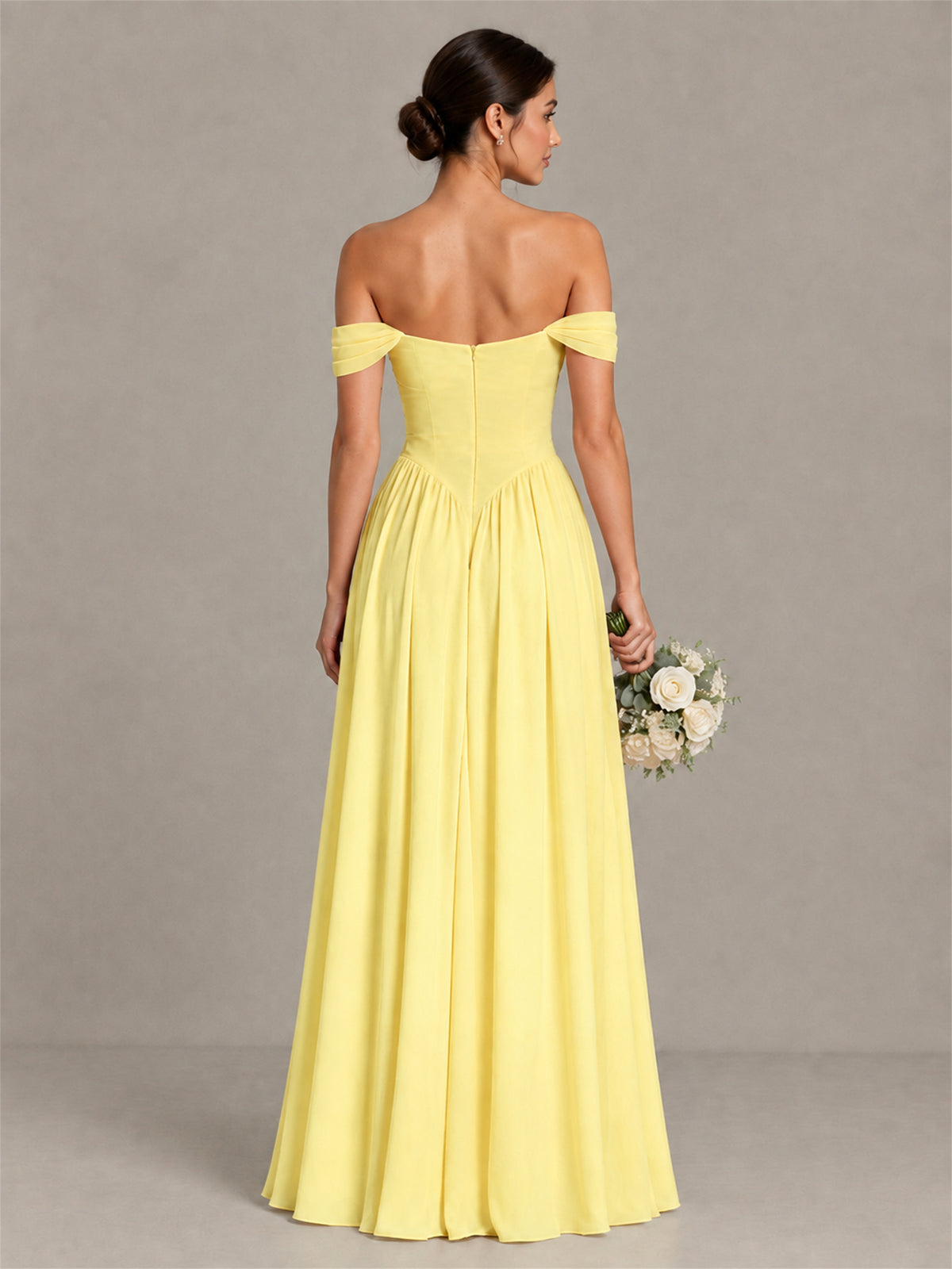 BOLODOO Yellow Off-Shoulder Chiffon A-Line Bridesmaid Dress - Yellow