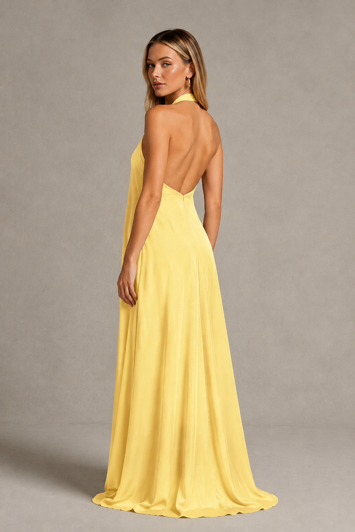 BOLODOO Yellow Backless Halter Satin Bridesmaid Dress - Yellow