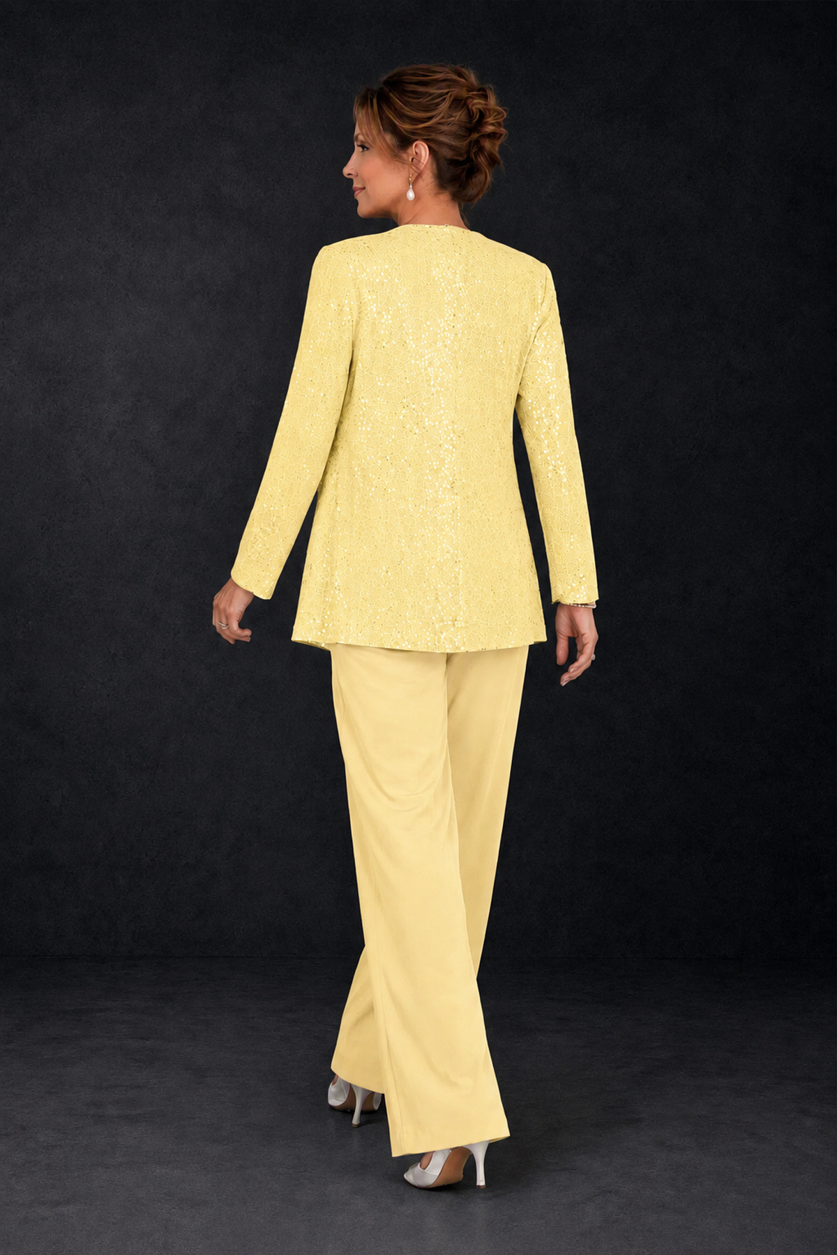BOLODOO Yellow Sequin Lace 3-Piece Pant Suit with Long Sleeve Jacket - Yellow - Yellow (2)